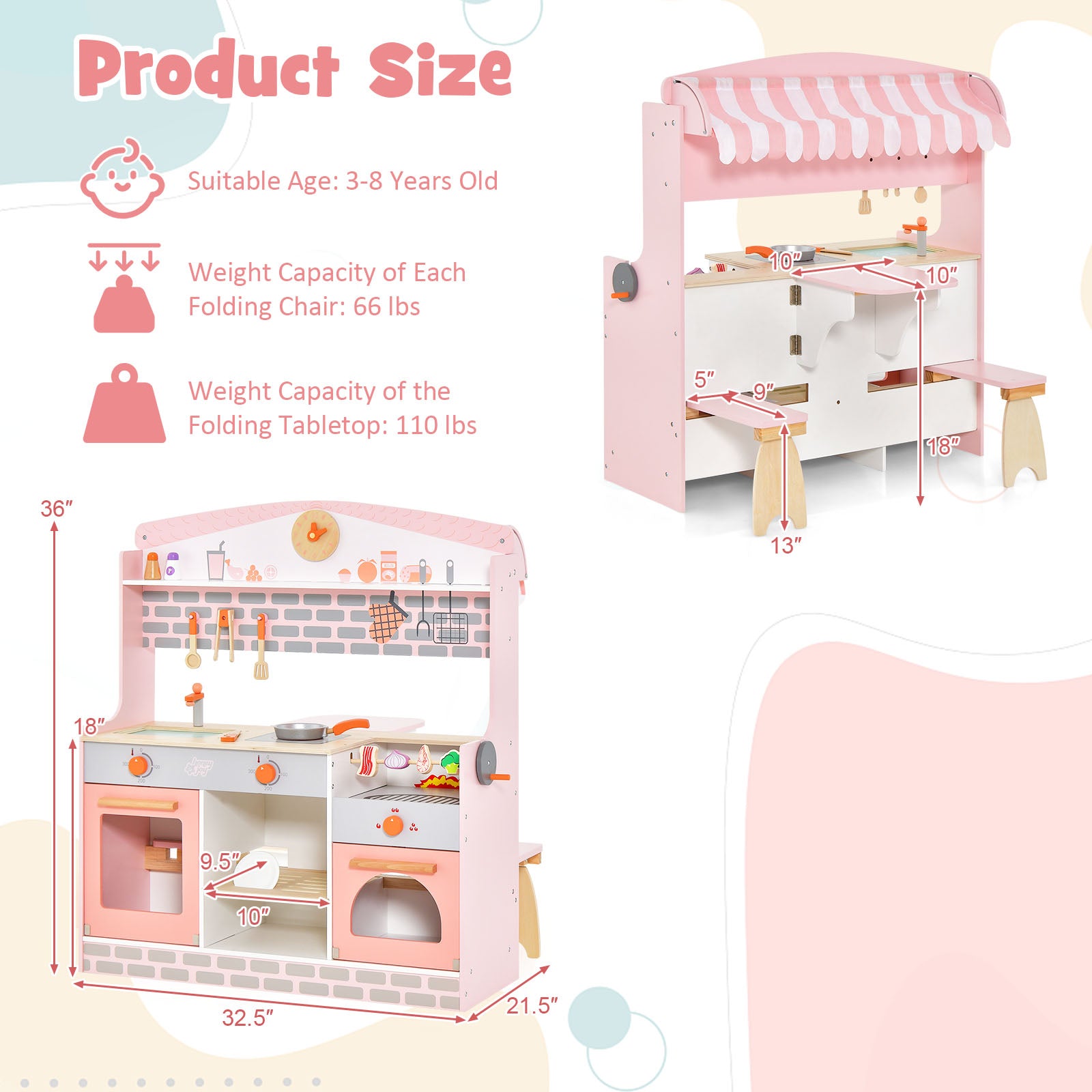 SUGIFT Double-Sided Kids Play Kitchen Set with Canopy and 2 Seats