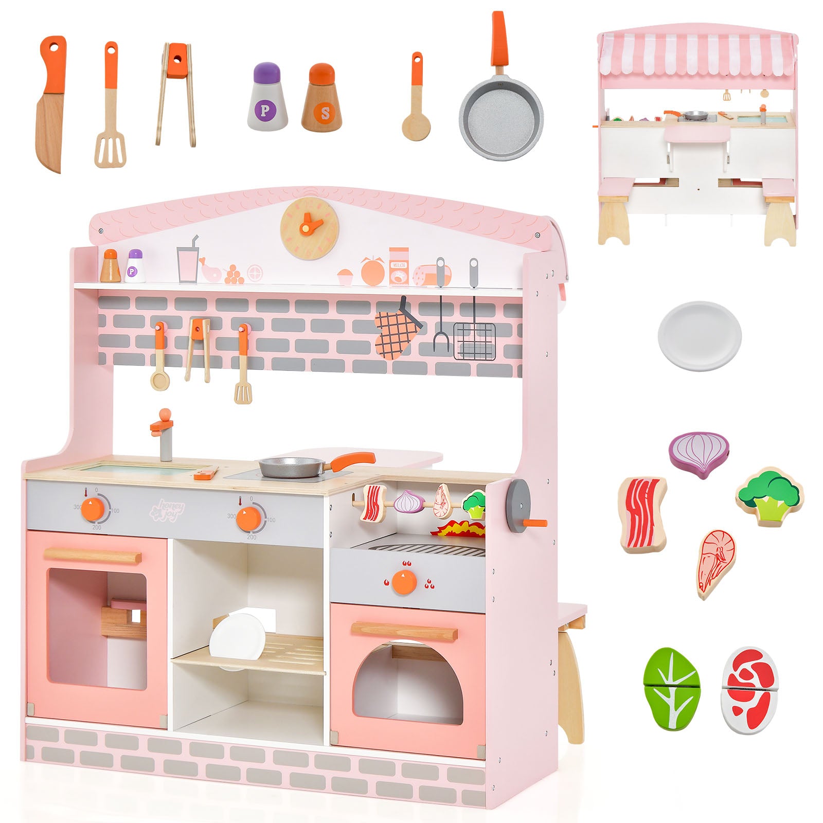 SUGIFT Double-Sided Kids Play Kitchen Set with Canopy and 2 Seats