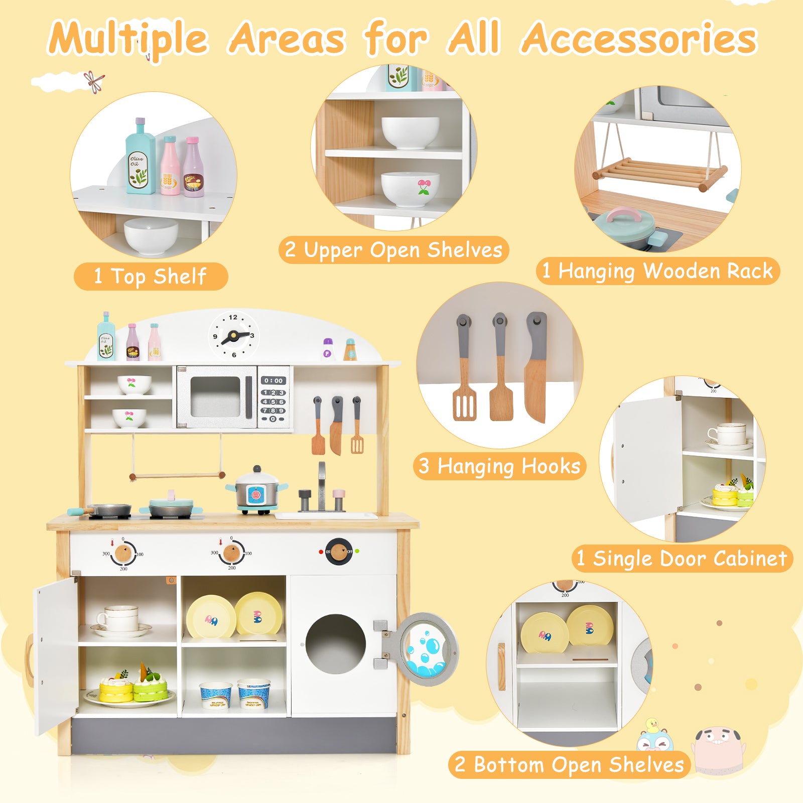 Wooden Pretend Kids Play Kitchen Set with Cooking Accessories