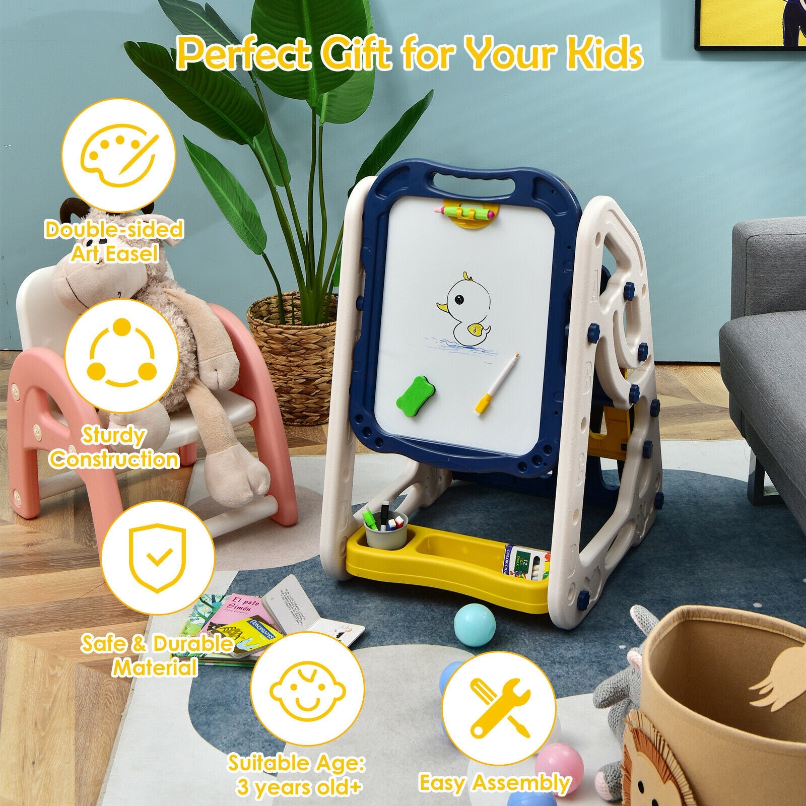 3-in-1 Kids Art Easel Double-Sided Tabletop Easel with Art Accessories