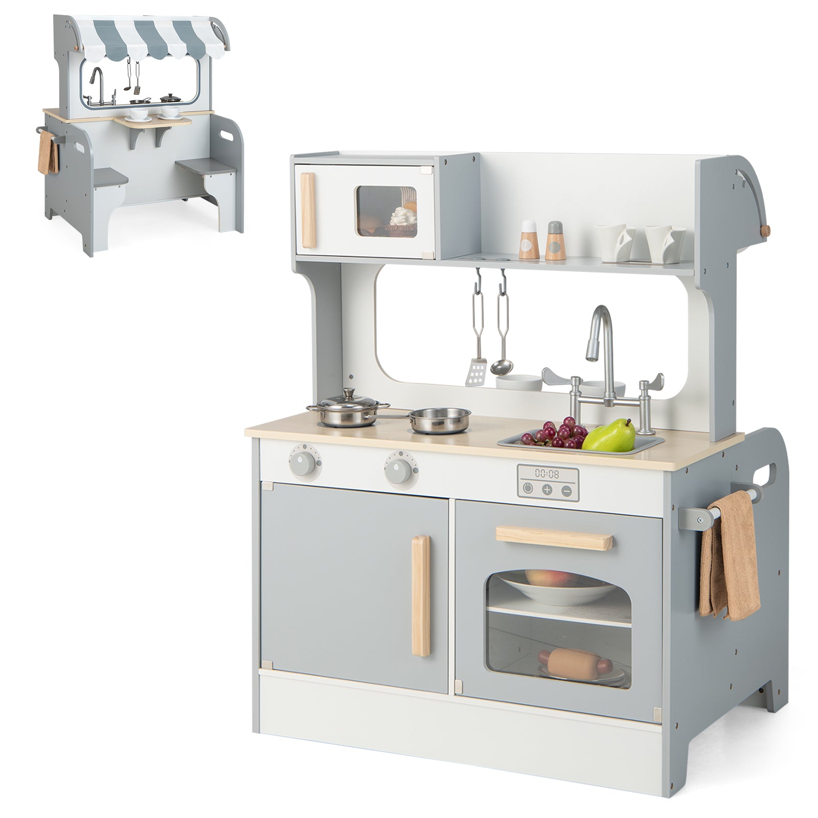 SUGIFT Double Sided Kids Pretend Kitchen Playset with 2-Seat Cafe