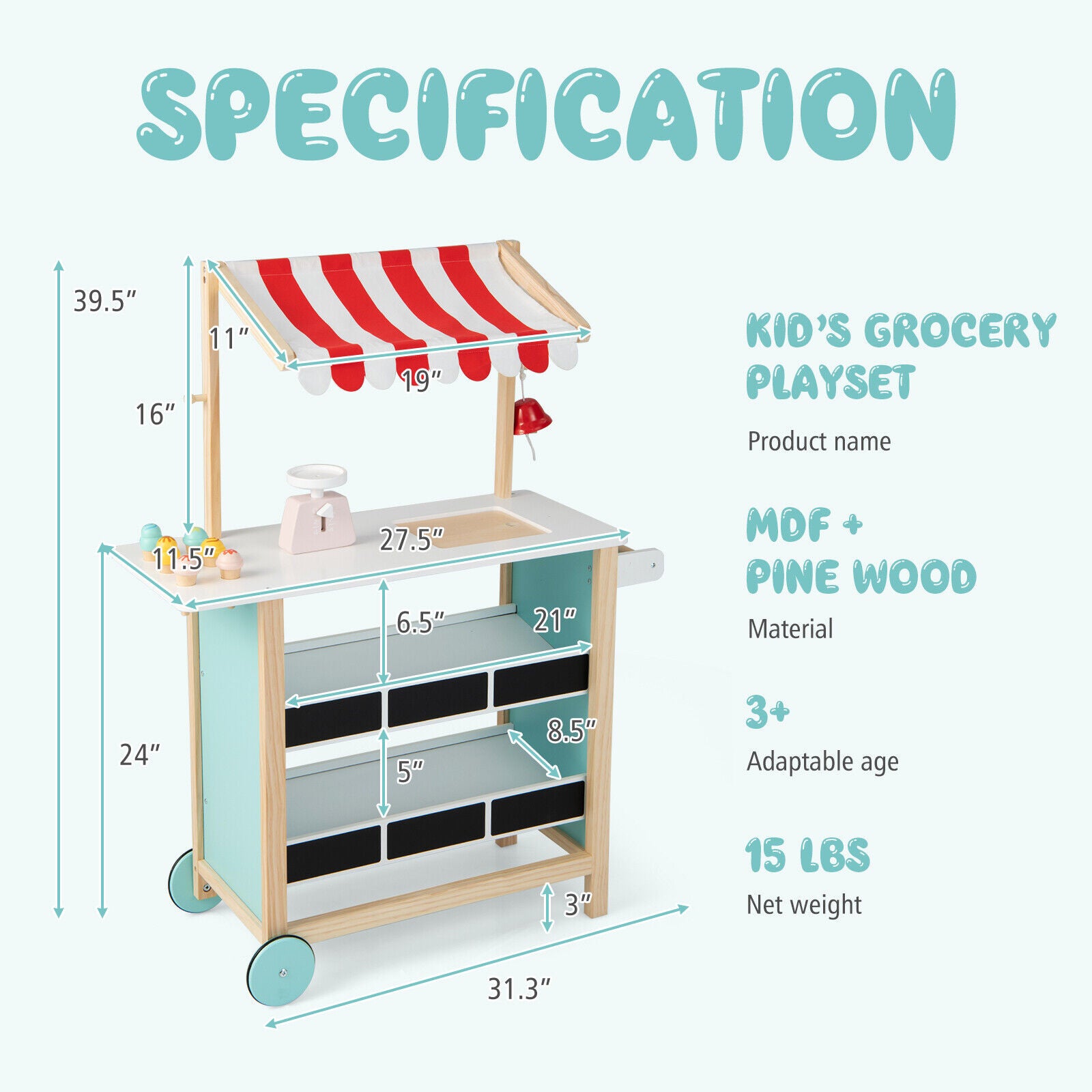 SUGIFT Kids Wooden Ice Cream Cart with Chalkboard and Storage