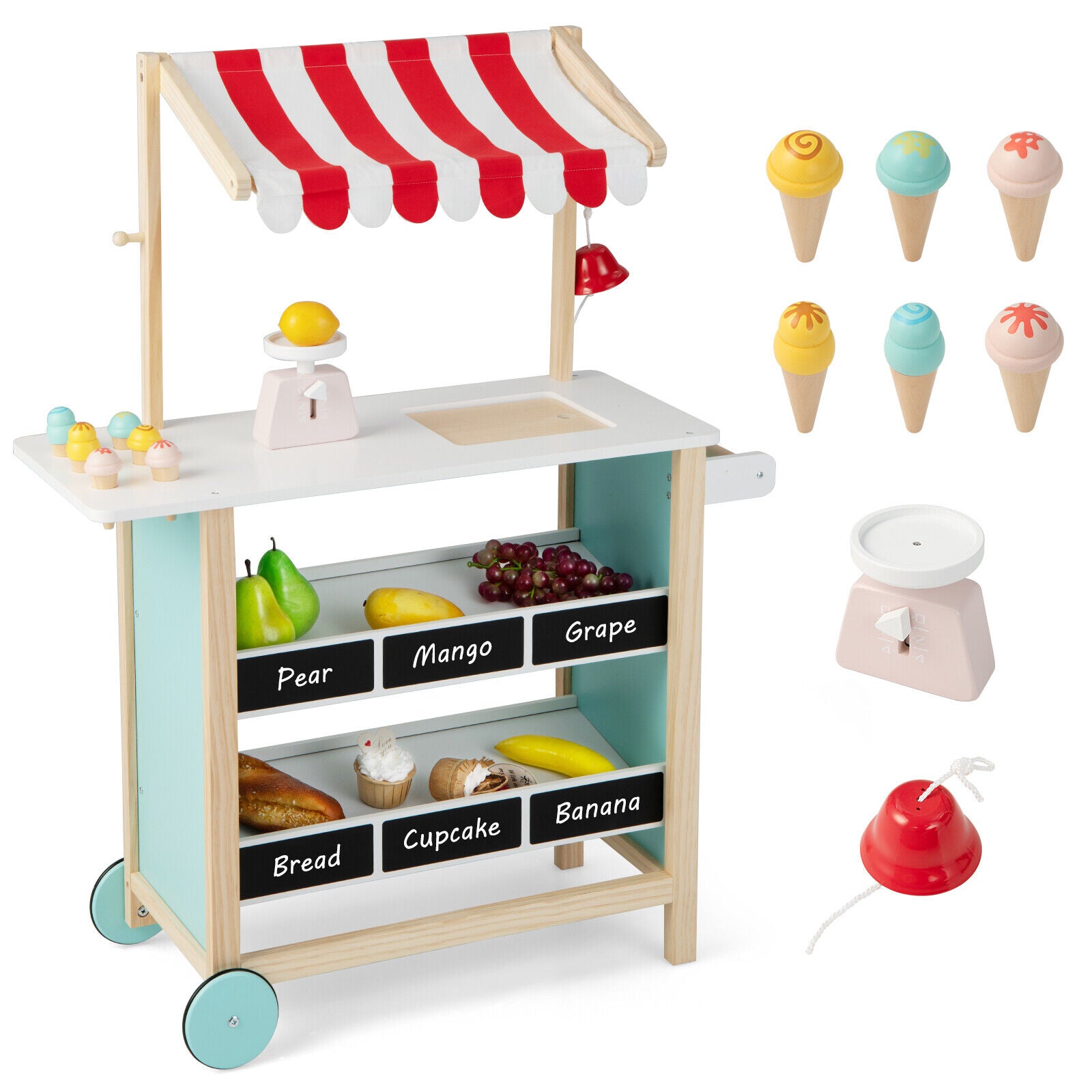 SUGIFT Kids Wooden Ice Cream Cart with Chalkboard and Storage