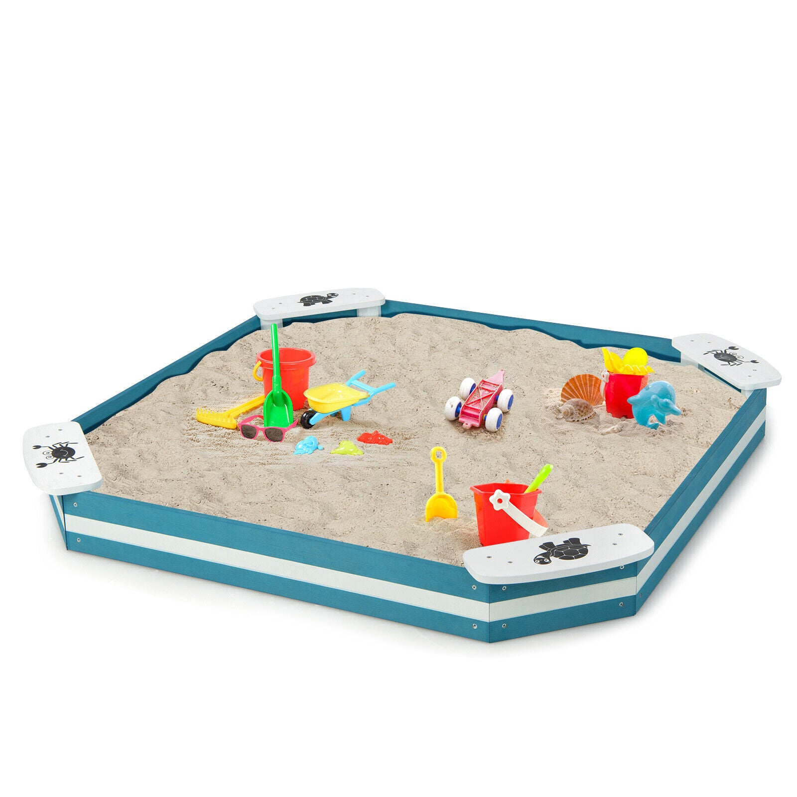 SUGIFT Outdoor Solid Wood Sandbox with 4 Built-in Animal Patterns Seats