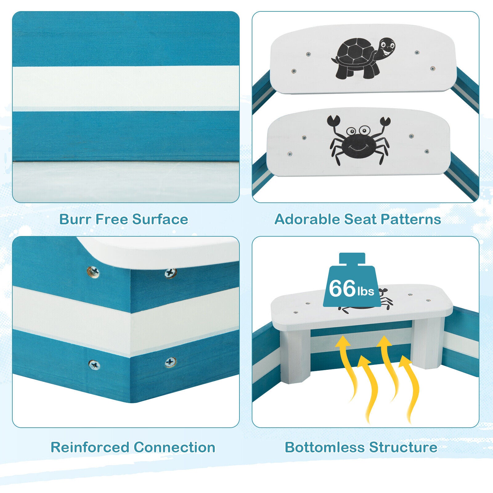 SUGIFT Outdoor Solid Wood Sandbox with 4 Built-in Animal Patterns Seats