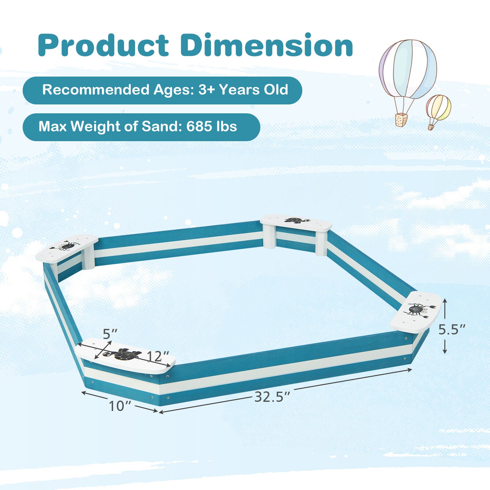 SUGIFT Outdoor Solid Wood Sandbox with 4 Built-in Animal Patterns Seats