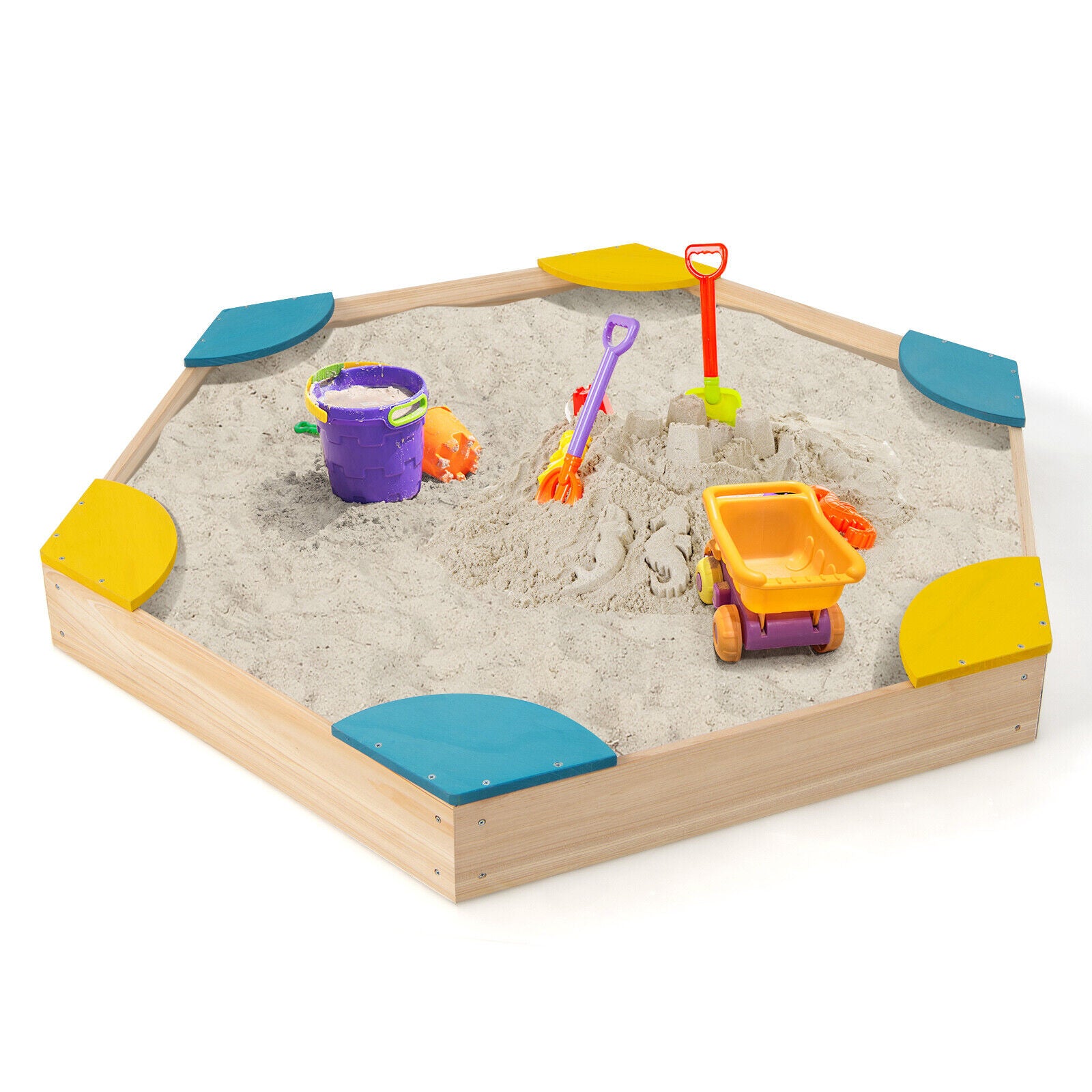 SUGIFT Outdoor Solid Wood Sandbox with 6 Built-in Fan-shaped Seats
