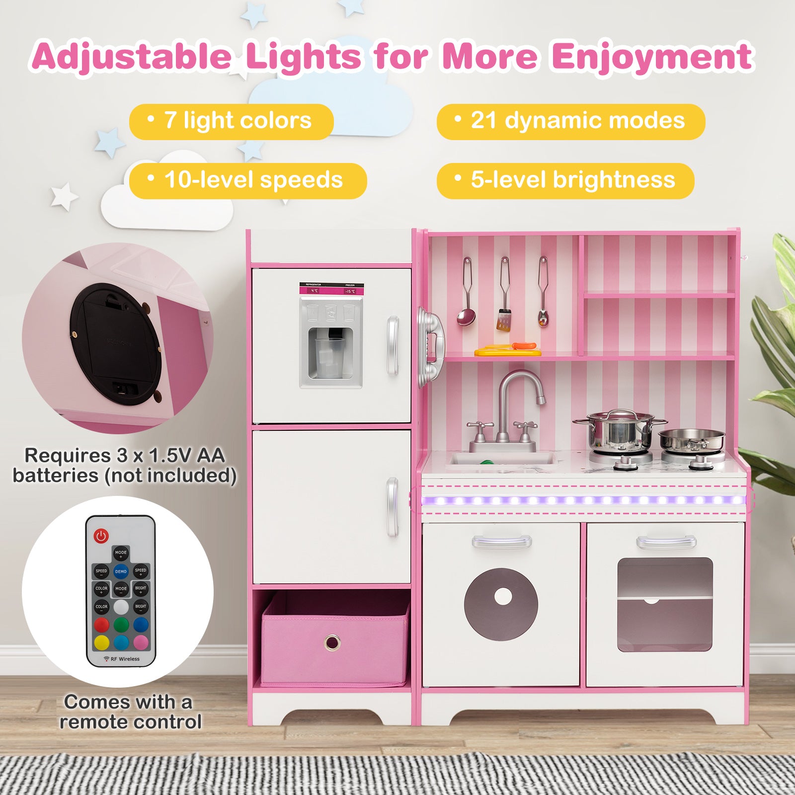 SUGIFT Kids Kitchen Playset Wooden Toy with Adjustable LED Lights and Washing Machine
