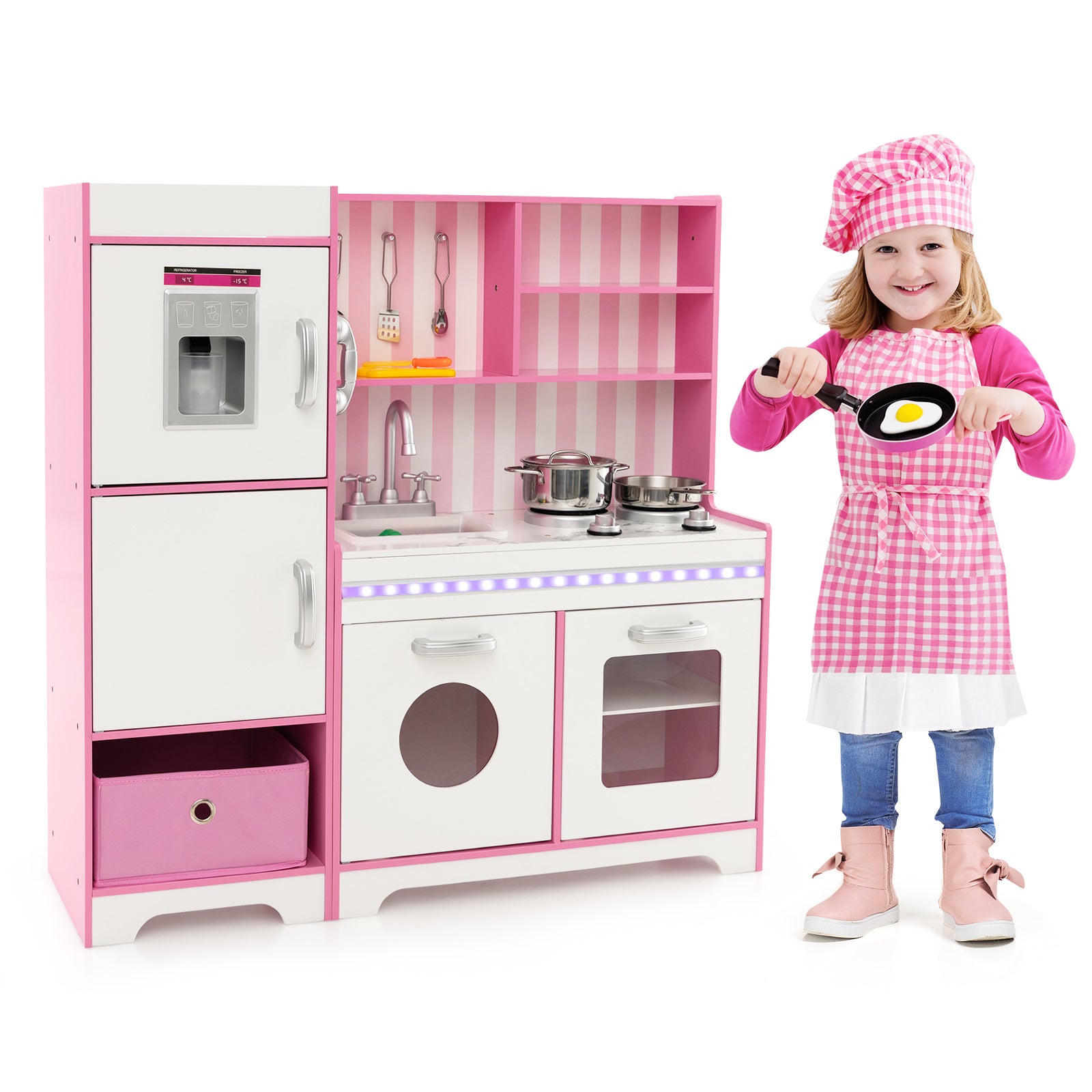 SUGIFT Kids Kitchen Playset Wooden Toy with Adjustable LED Lights and Washing Machine