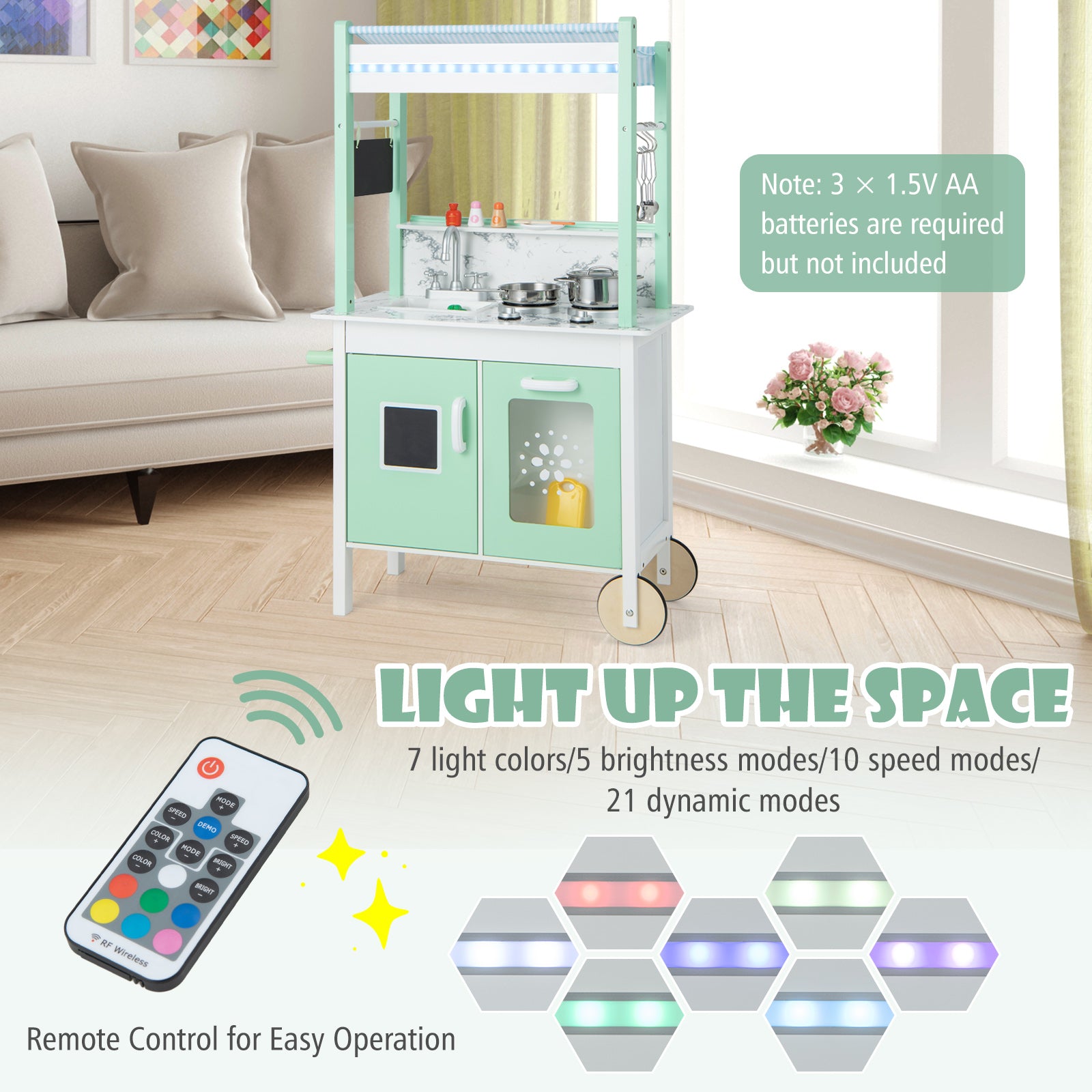 SUGIFT Double-sided Pretend Play Kitchen with Remote Control and LED Light Bars