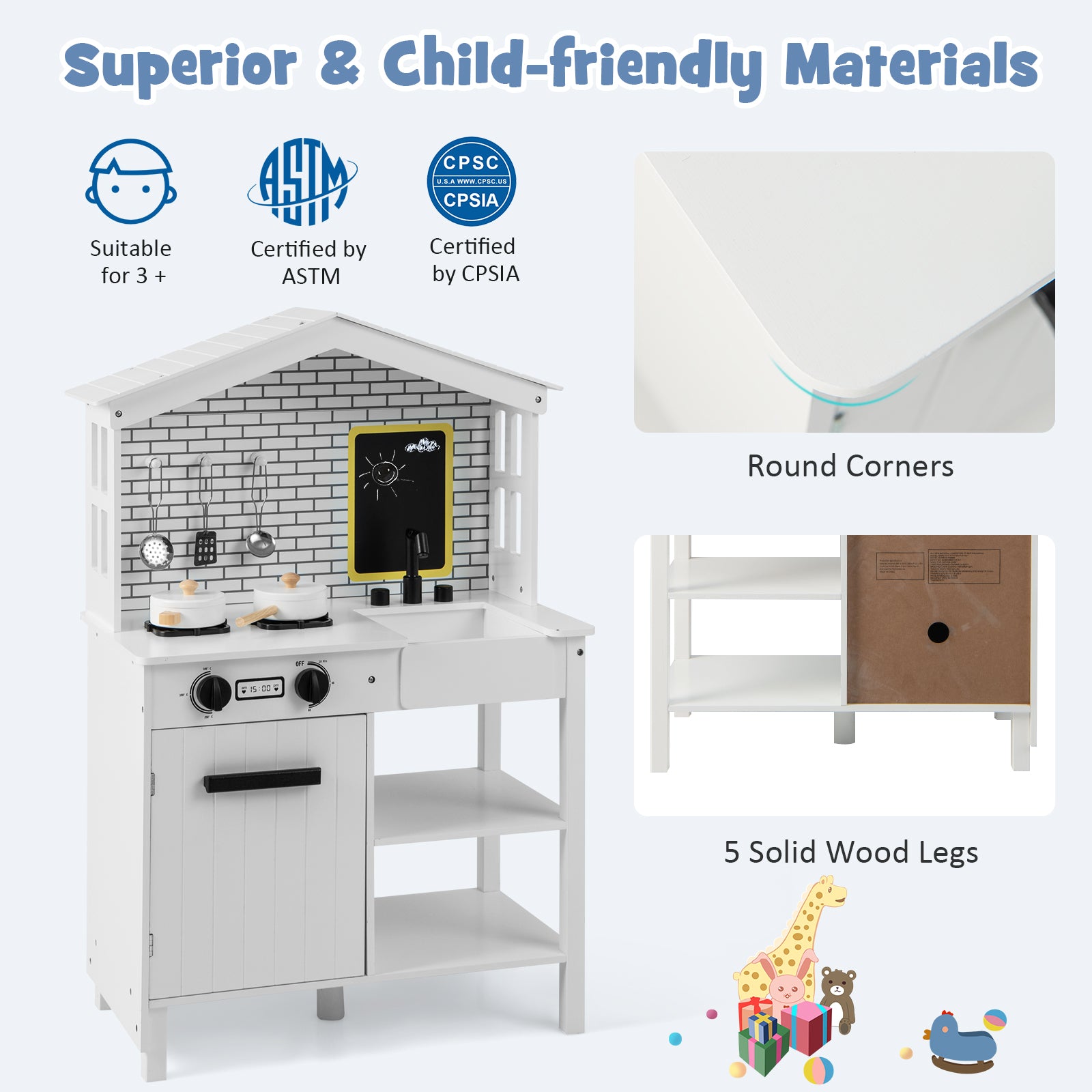 SUGIFT Kids Wooden Kitchen Play Set with Storage Shelves and Accessories