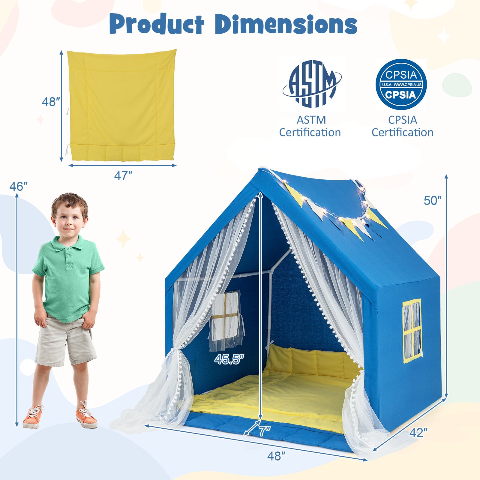 SUGIFT 48 x 42 x 50 Inch Large Play Tent with Washable Cotton Mat Holiday Birthday Gift for Kids