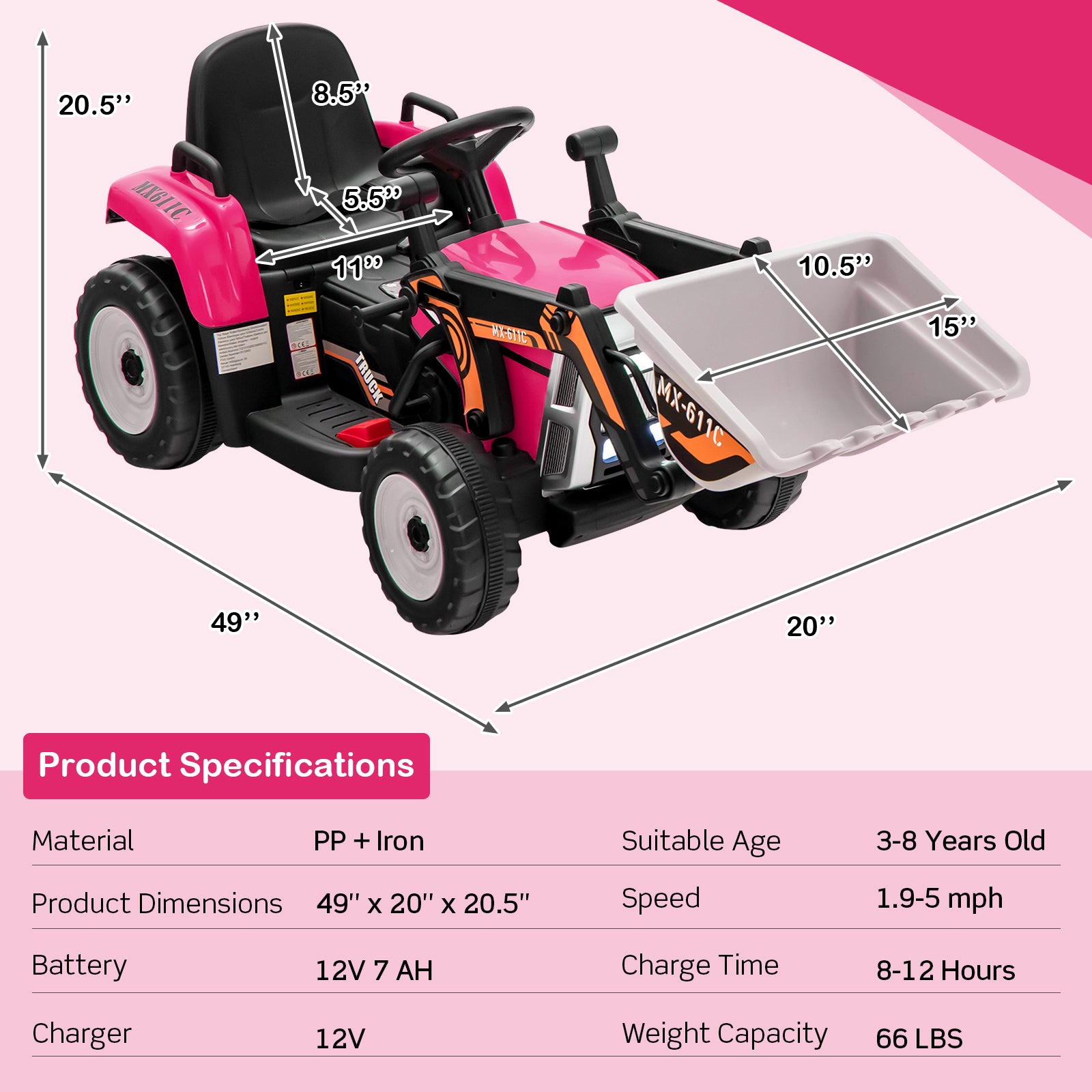 12V Kids Ride on Excavator with Adjustable Arm and Bucket