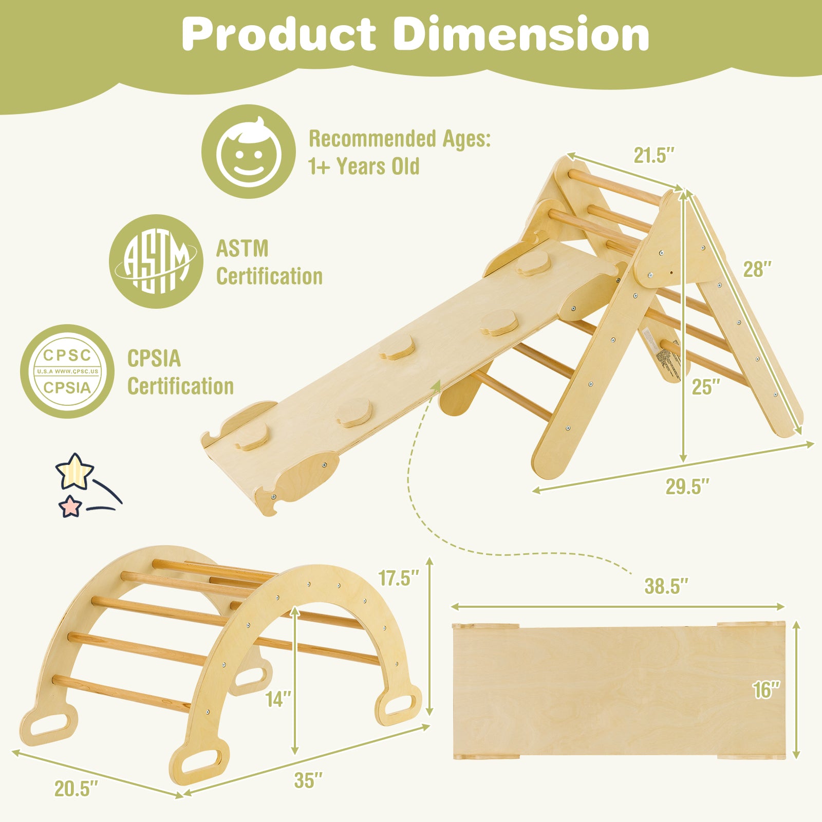 2-in-1 Wooden Kids Climber Toys with Triangle Arch Ramp