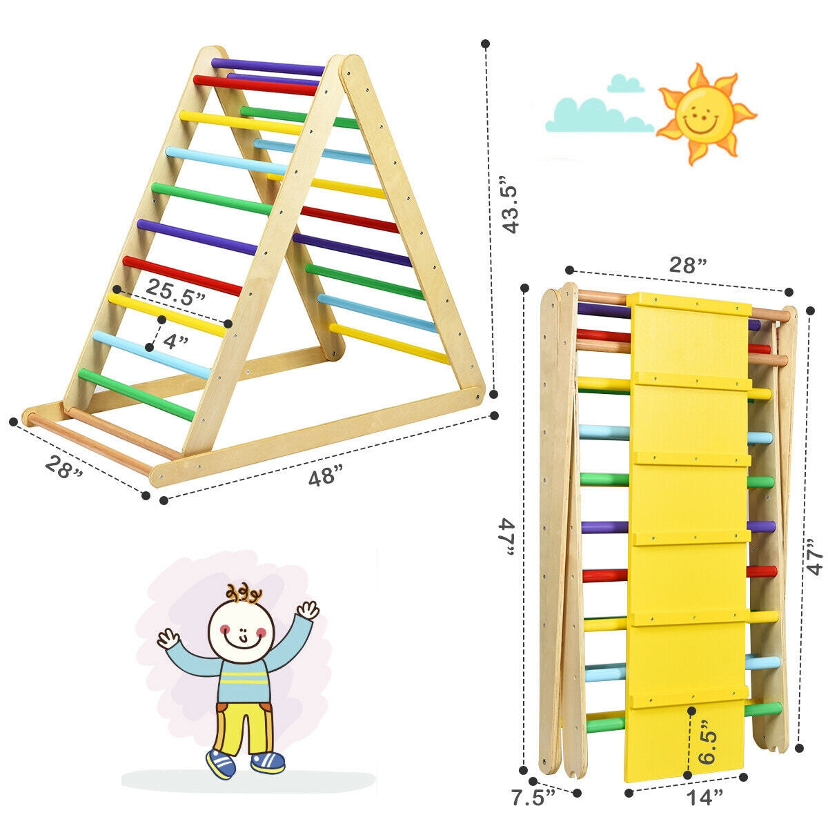 Foldable Wooden Triangle Climber with Reversible Ramp for Kids