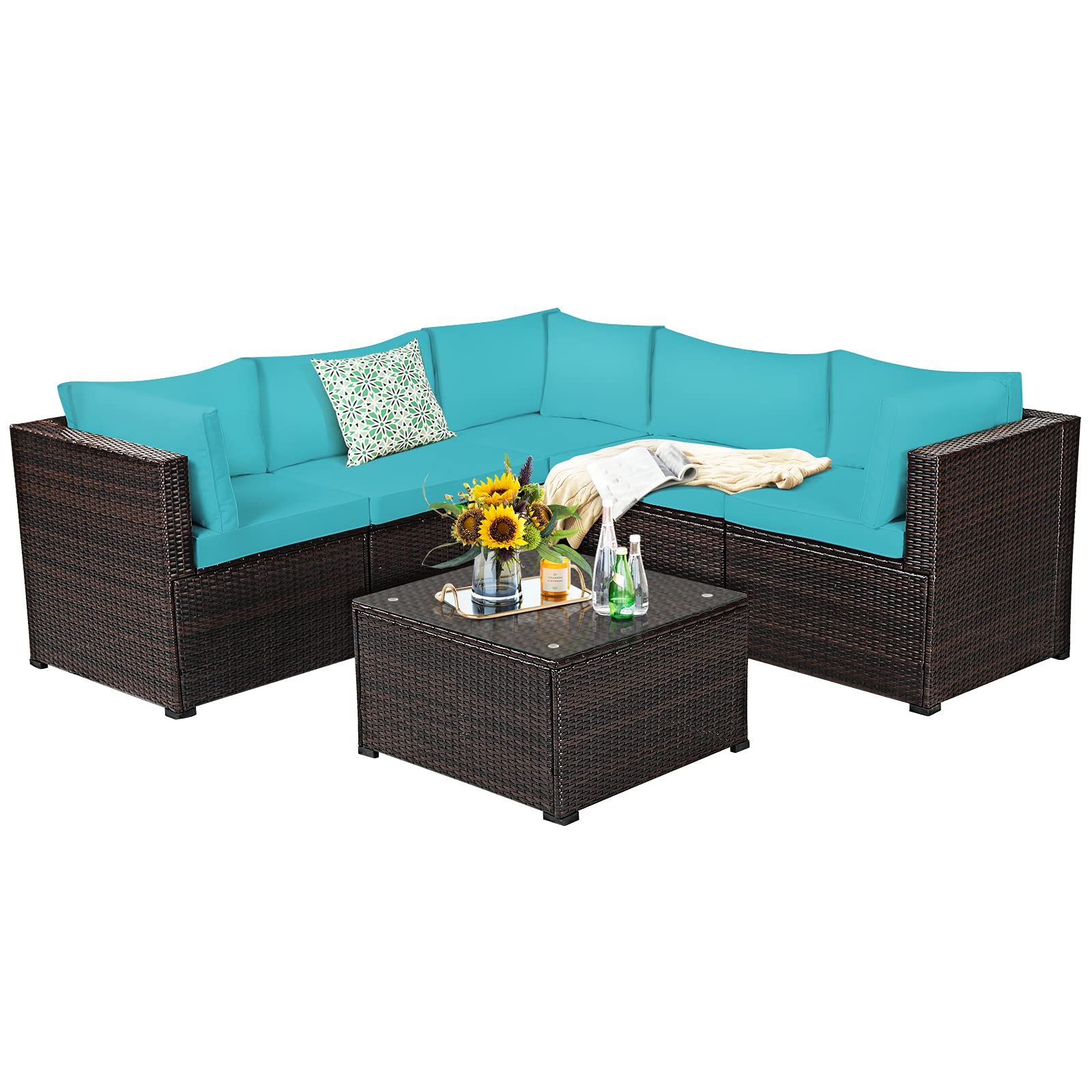 SUGIFT 6 Pieces Rattan Patio Sectional Sofa Set with Cushions for 4-5 Person
