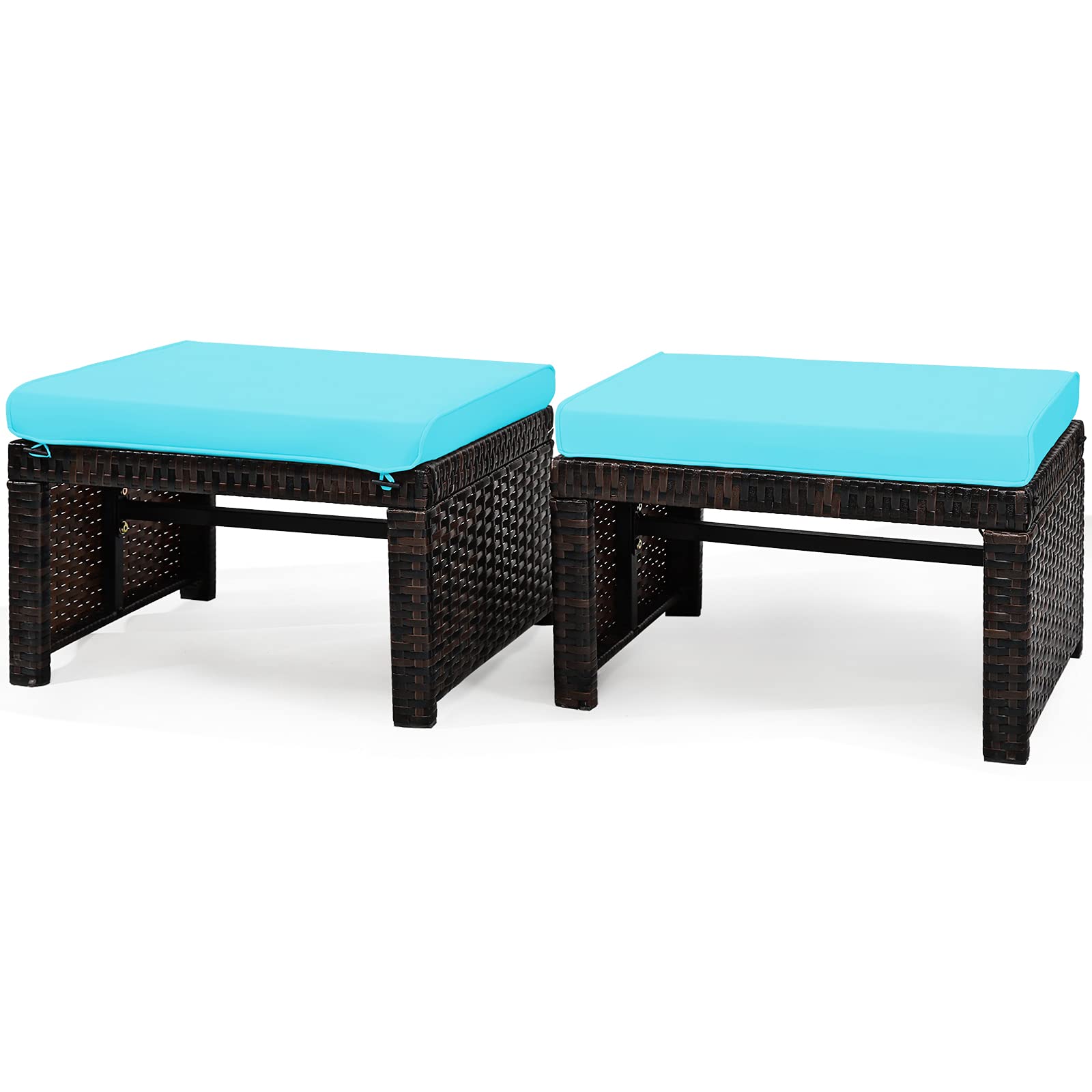 2 Pieces Patio Rattan Ottomans with Soft Cushion for Patio and Garden