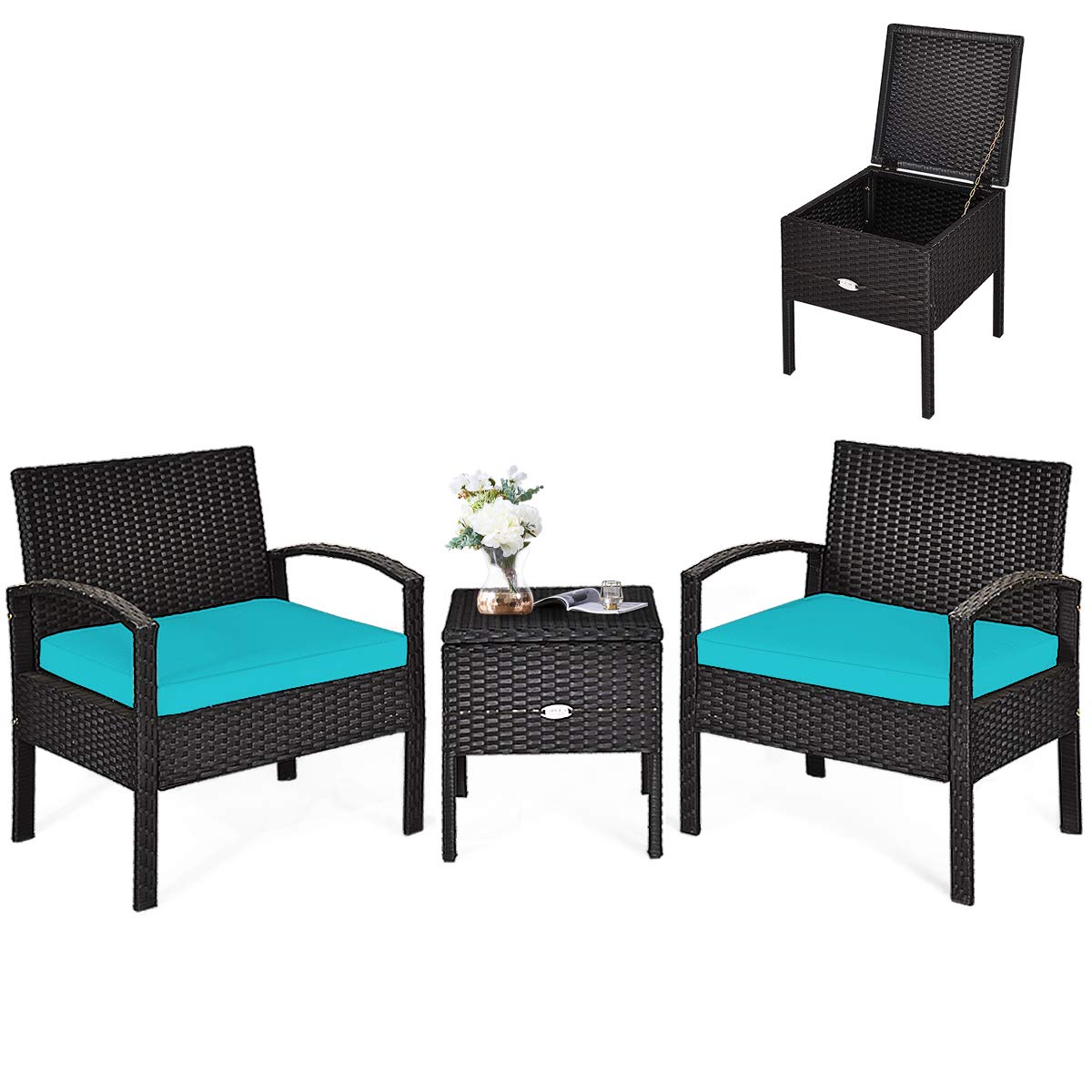 SUGIFT 3 Pieces PE Rattan Wicker Sofa Set with Washable and Removable Cushion for Patio