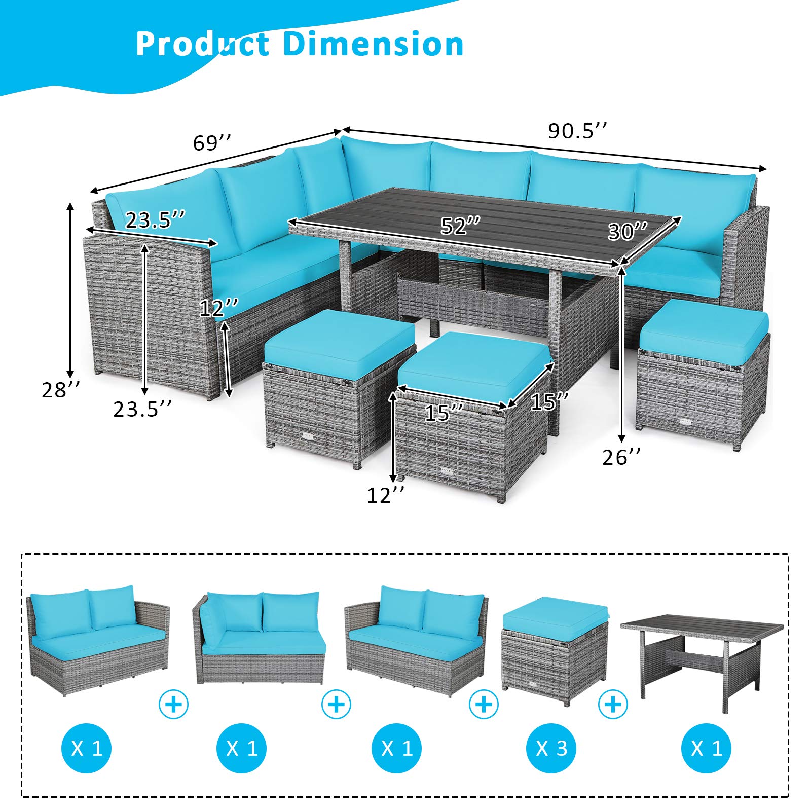 SUGIFT 7 Pieces Outdoor Wicker Sectional Sofa Set with Dining Table