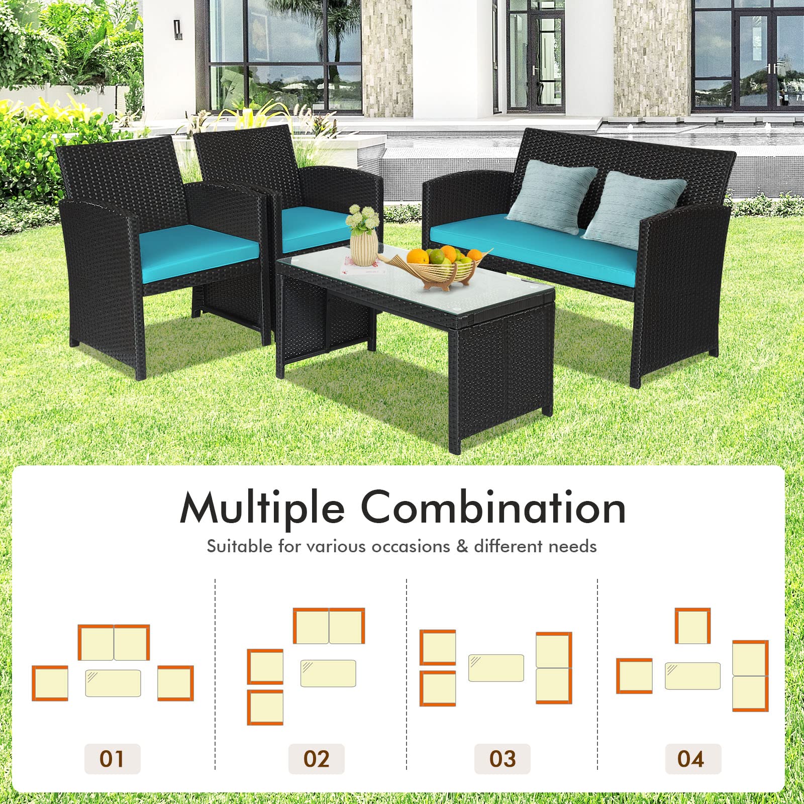 SUGIFT 4 Pieces Rattan Patio Furniture Set with Weather Resistant Cushions and Tempered Glass Tabletop