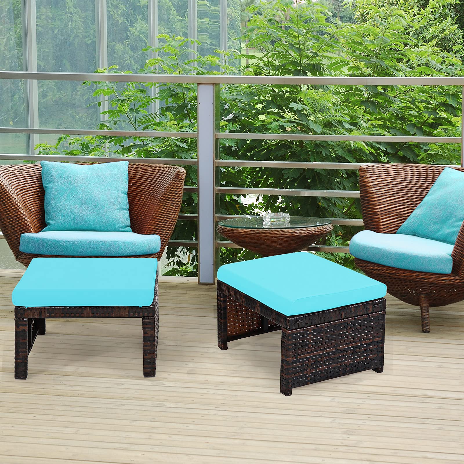 2 Pieces Patio Rattan Ottomans with Soft Cushion for Patio and Garden