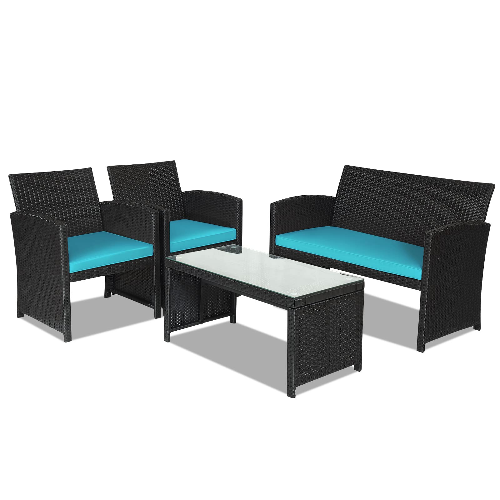 SUGIFT 4 Pieces Rattan Patio Furniture Set with Weather Resistant Cushions and Tempered Glass Tabletop