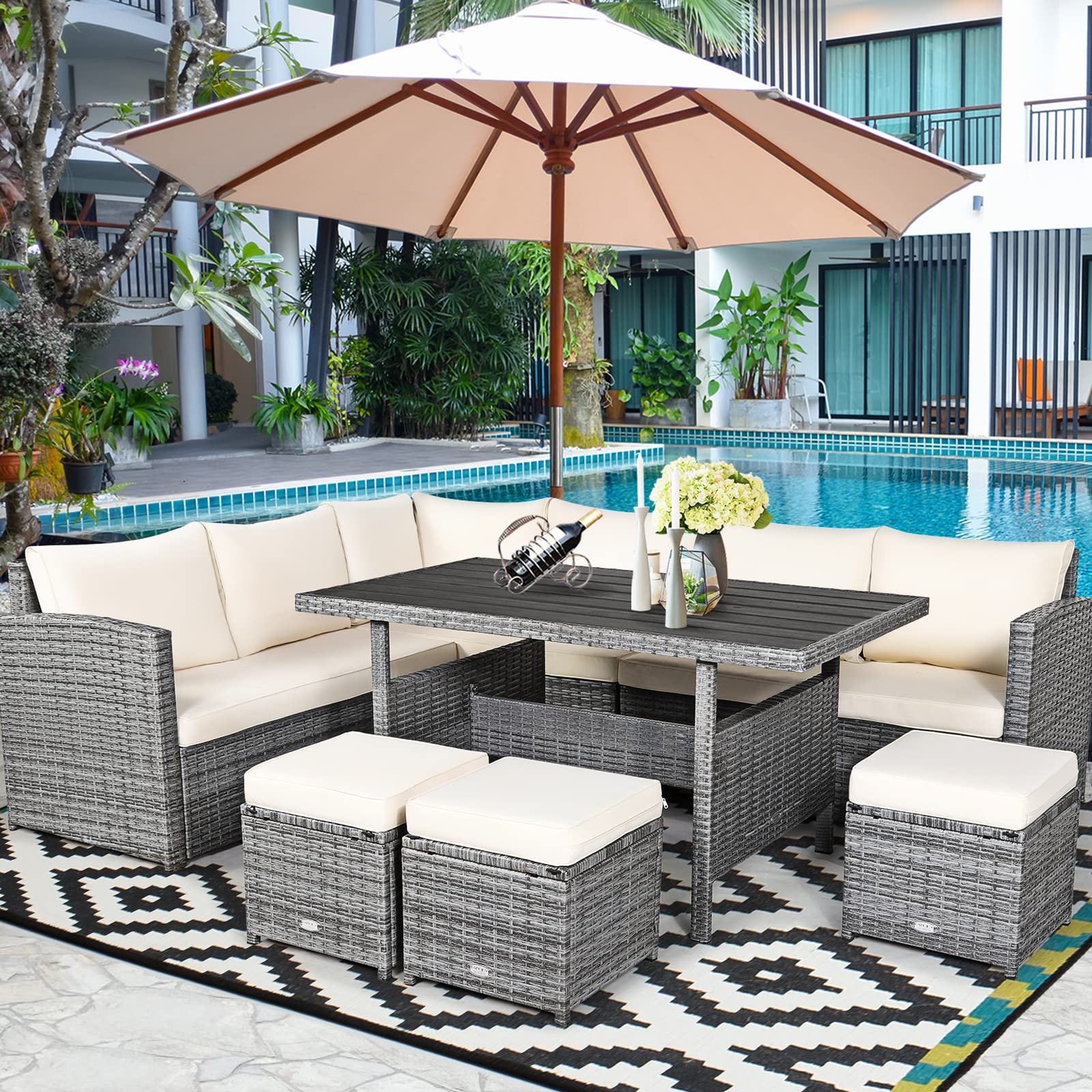 SUGIFT 7 Pieces Outdoor Wicker Sectional Sofa Set with Dining Table