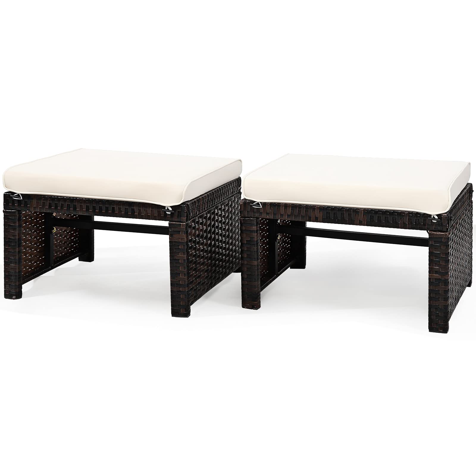 2 Pieces Patio Rattan Ottomans with Soft Cushion for Patio and Garden