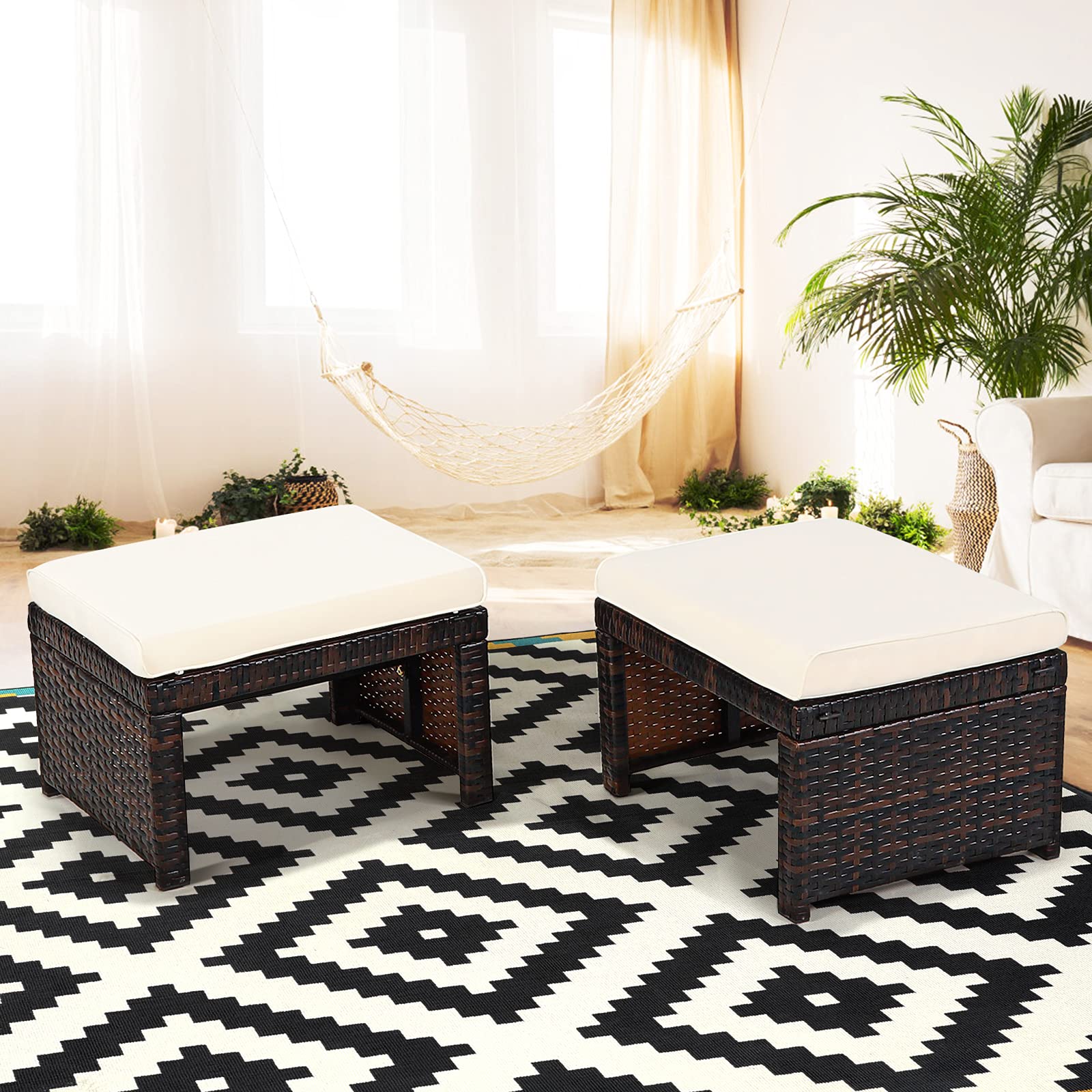 2 Pieces Patio Rattan Ottomans with Soft Cushion for Patio and Garden