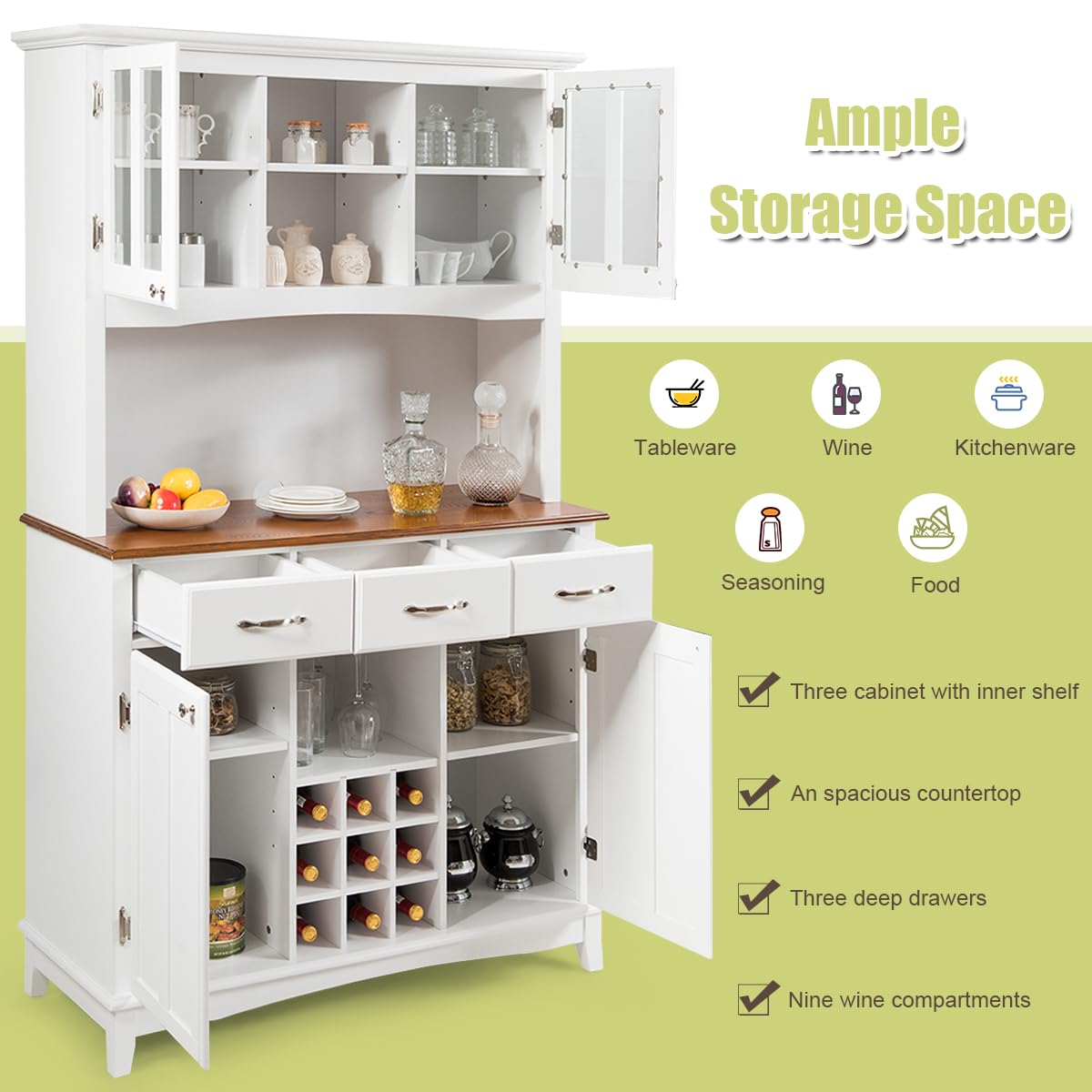 SUGIFT Kitchen Storage Cabinet Cupboard with Wine Rack and Drawers