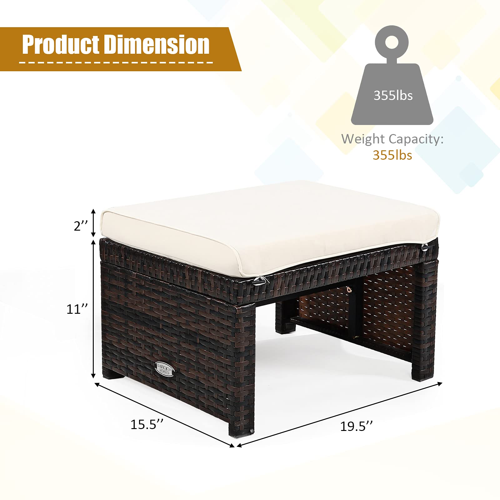 2 Pieces Patio Rattan Ottomans with Soft Cushion for Patio and Garden