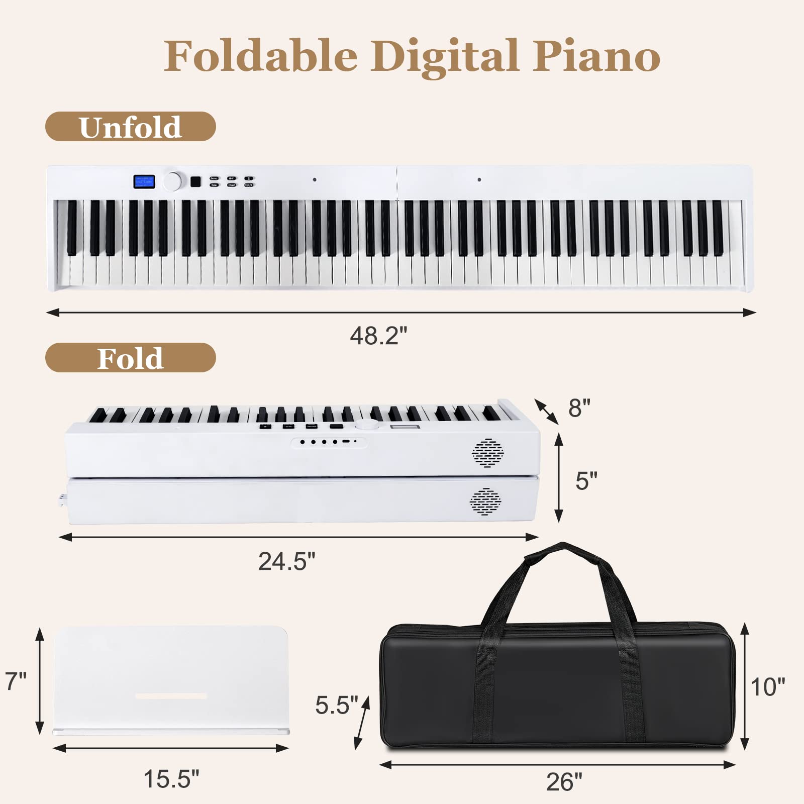 SUGIFT White 88-Key Foldable Digital Piano with MIDI and Wireless BT