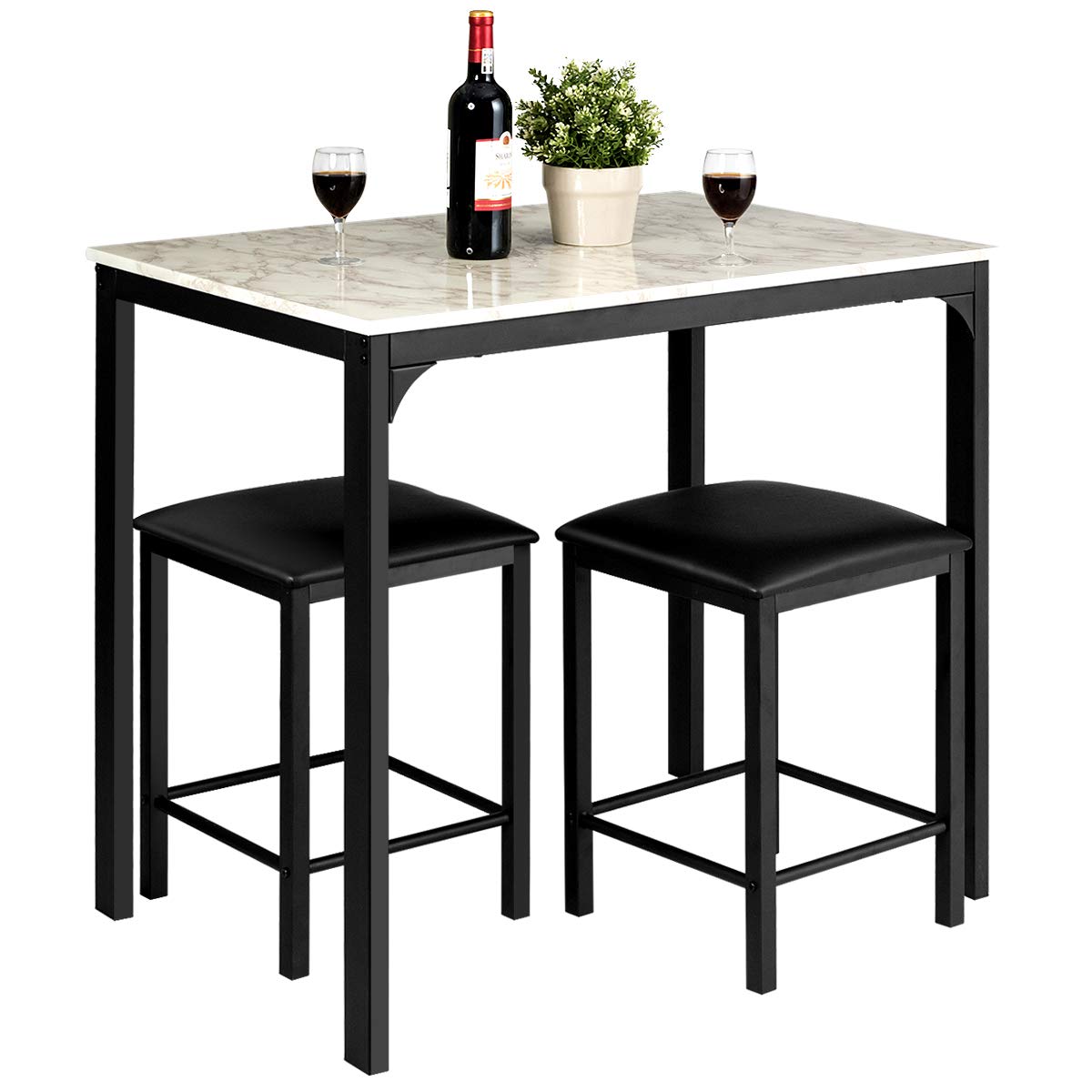 SUGIFT 3 Pieces Dining Table Set with Faux Marble Tabletop and 2 Chairs