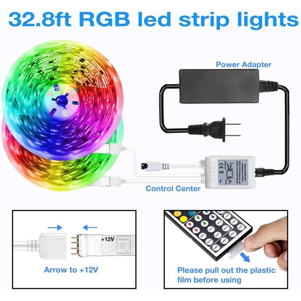 SUGIFT  LED Light Strip 32.8ft 3528RGB 600 LEDs Color Changing Light Strip with 44 Keys IR Remote for Bedroom/Home Decoration