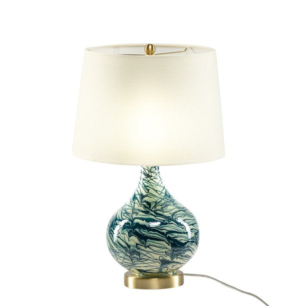 SUGIFT  20 inch Modern LED Bedside Table Lamp with Linen Shade and Glass Base Blue