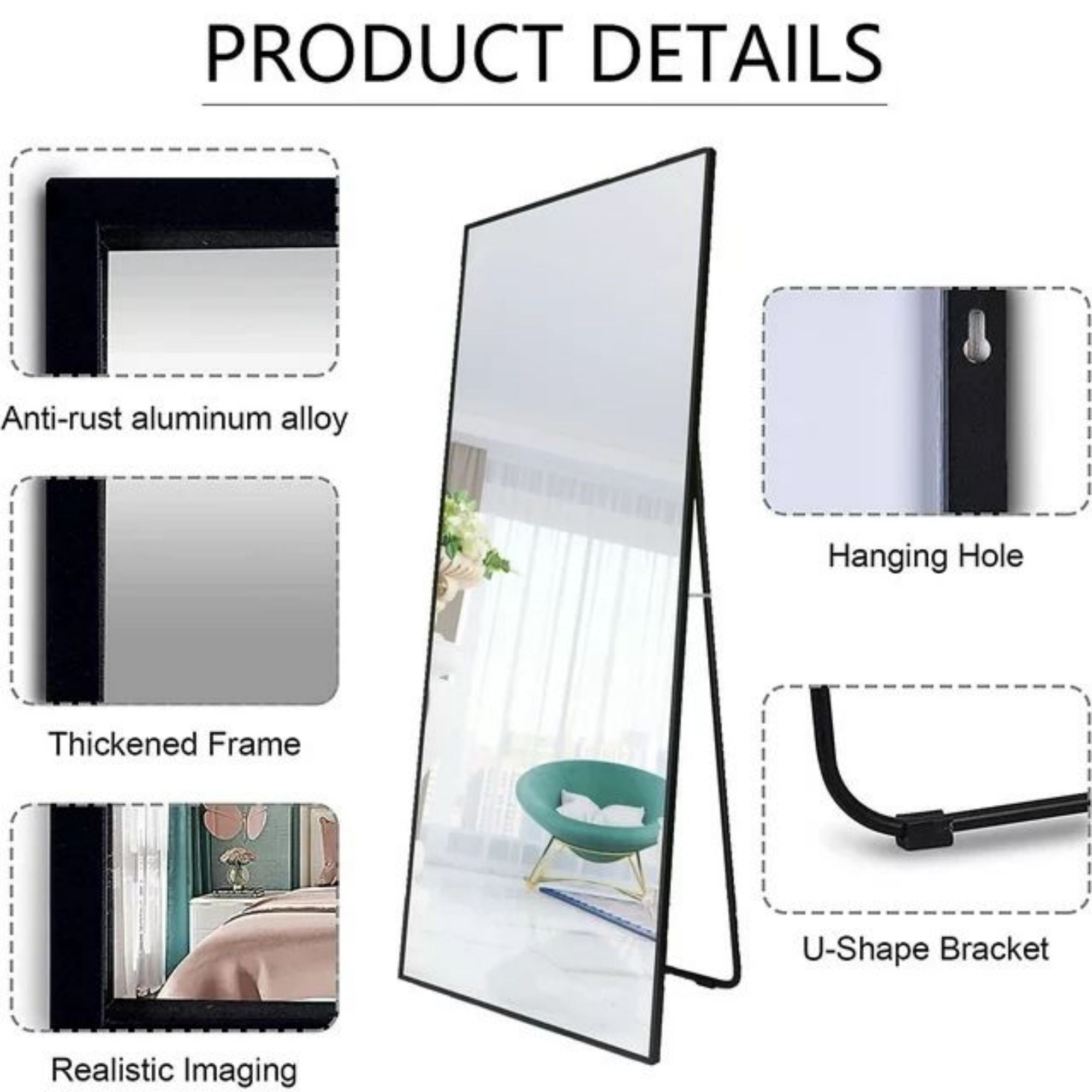 SUGIFT 65 Inch x22 Inch Full Length Mirror Rectangle Body Dressing Floor Mirrors, Black