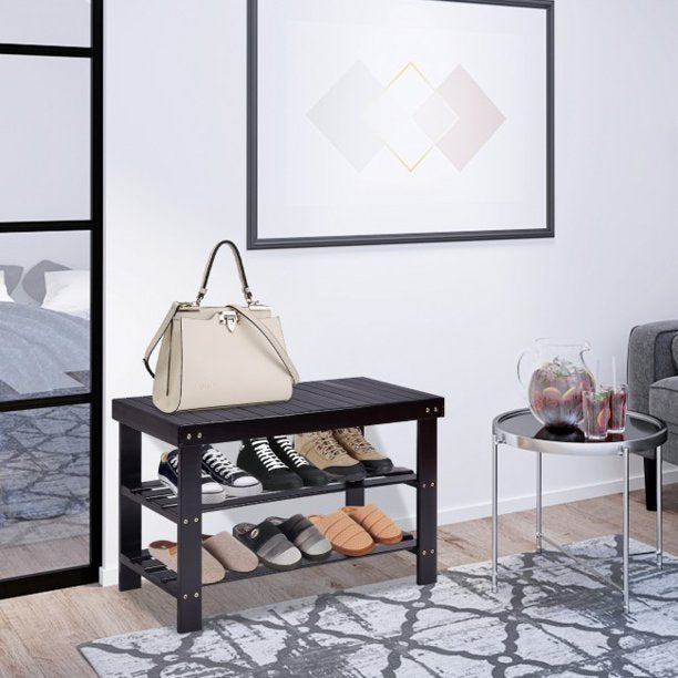 SUGIFT  3-Tier Shoe Shelf Bamboo Shoe Bench Holds