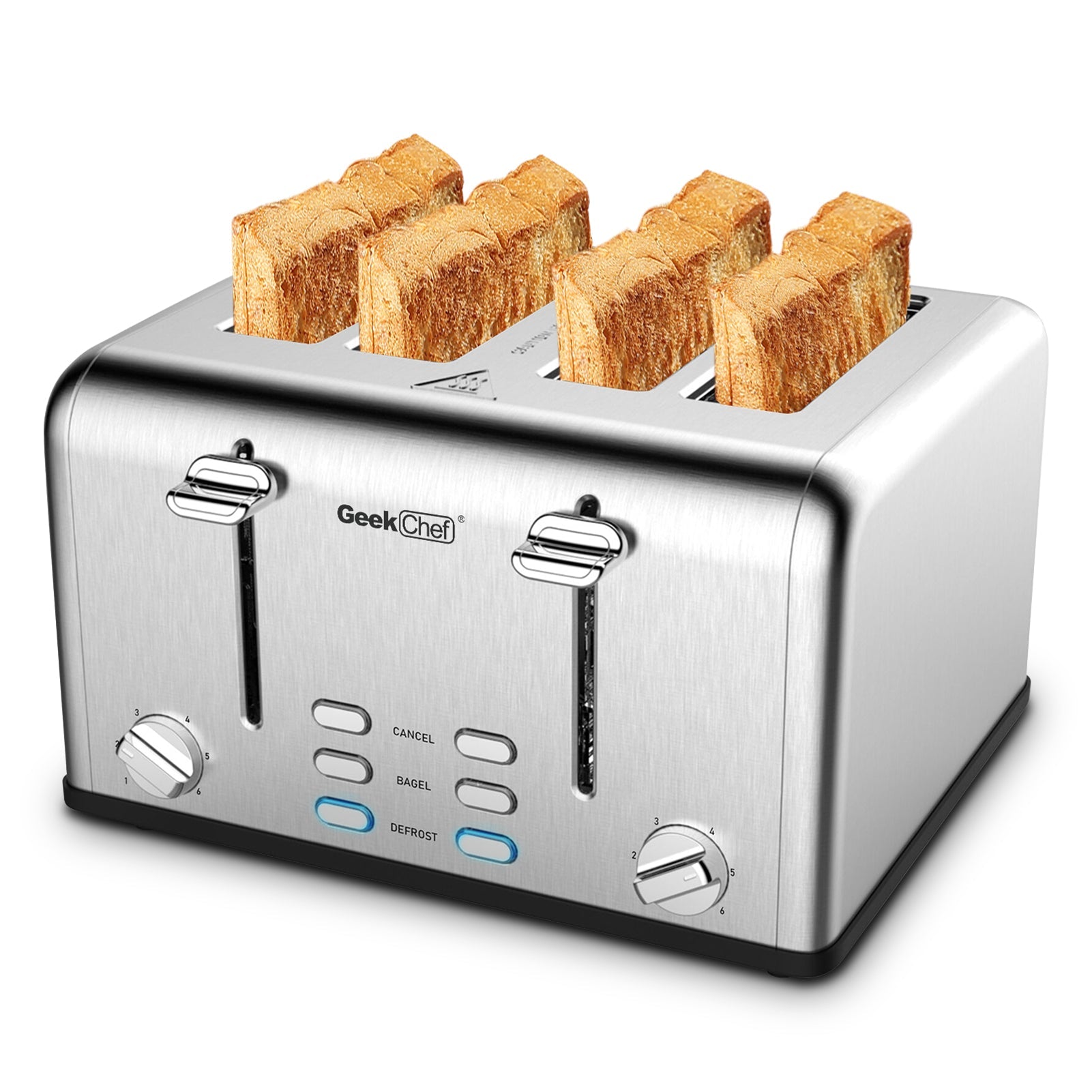 SUGIFT  Toaster 4 Slice, Geek Chef Stainless Steel Extra-Wide Slot Toaster with Dual Control Panels of Bagel/Defrost/Cancel Function(Sliver-Black)