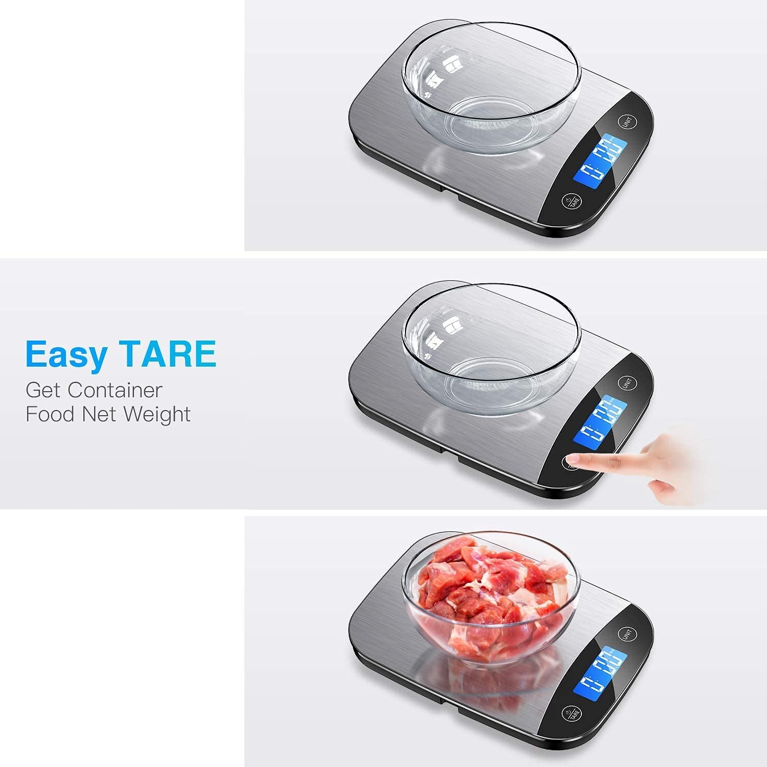 SUGIFT Food Scale, 22lb Digital Kitchen Stainless Steel Scale Weight Grams and oz for Cooking Baking, 1g/0.1oz Precise Graduation,Black