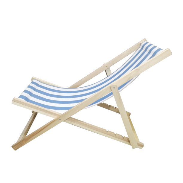 SUGIFT  Beach Sling Chair, Lounge Striped Chair Outdoor, Reclining Beach Chair, Wooden Folding Adjustable Patio Chair, Light Blue