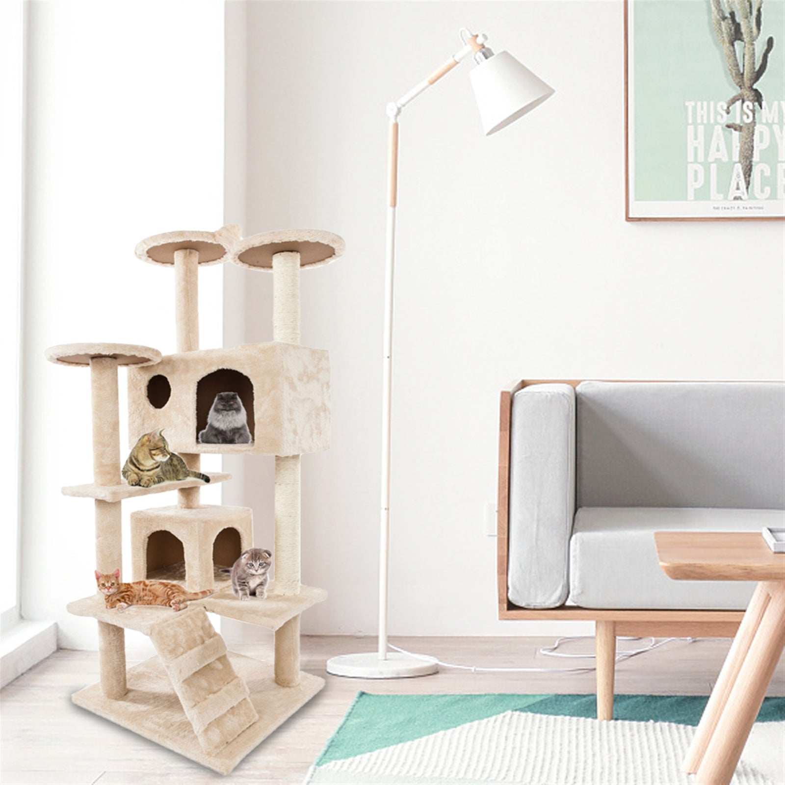 SUGIFT 52-inch Cat Climbing Frame, Plush Sisal Cat Tree, Beige Cat Tower