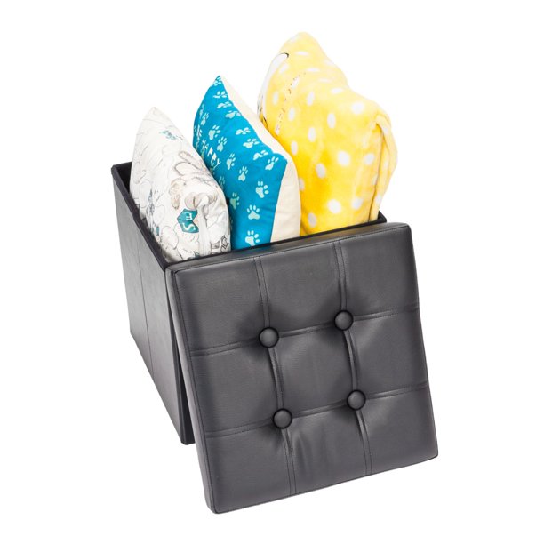 PU Leather Footstool Square Storage Ottoman, Black