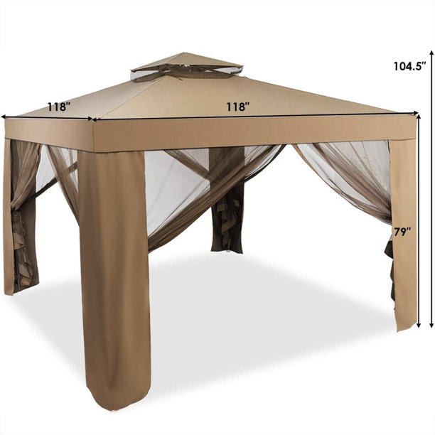 SUGIFT  10x10 Ft Outdoor Gazebo Patio Tents Garden Canopy Shelter W/ Netting, Brown
