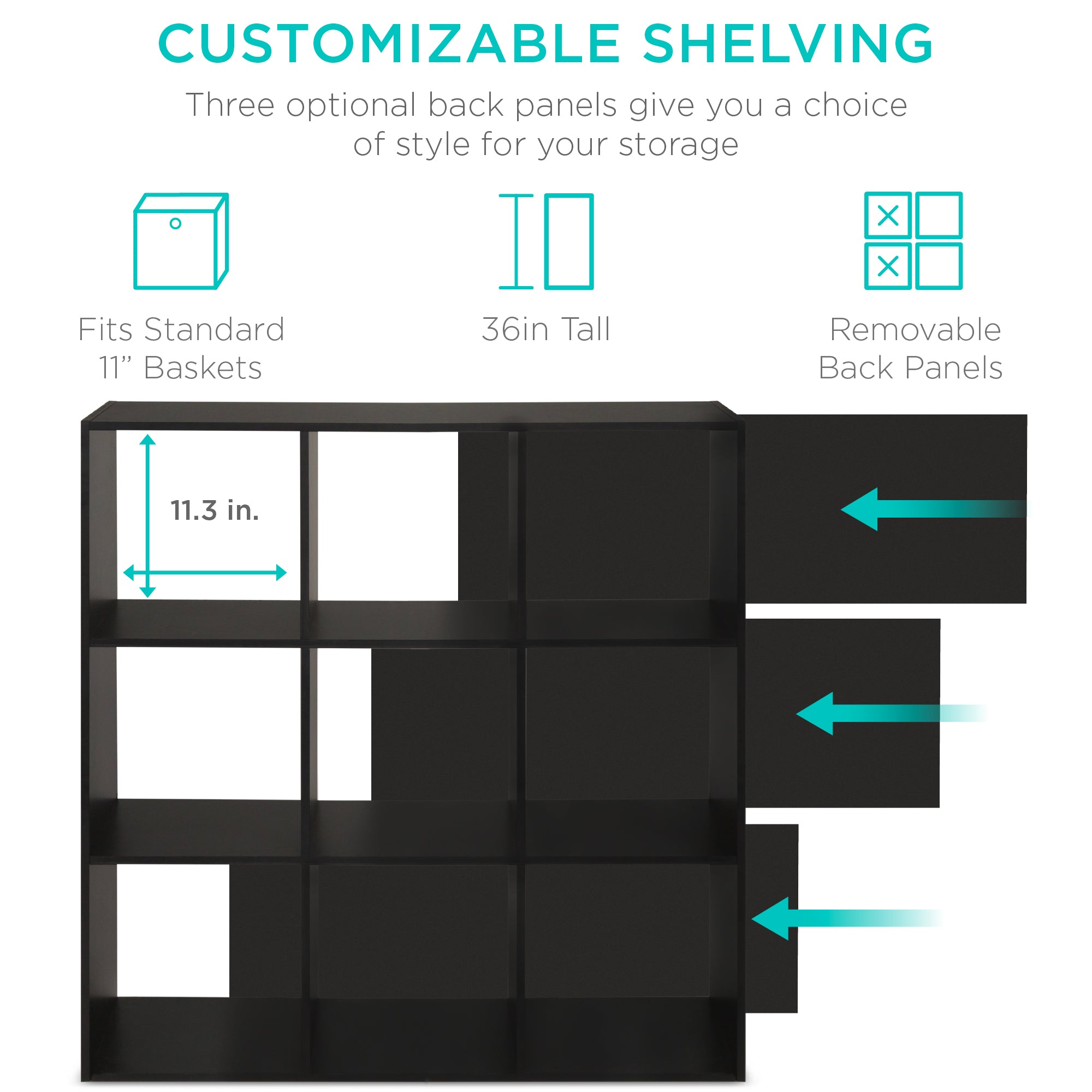 SUGIFT 9-Cube Bookshelf, Display Storage System, Compartment Organizer w/ 3 Removable Back Panels - Black
