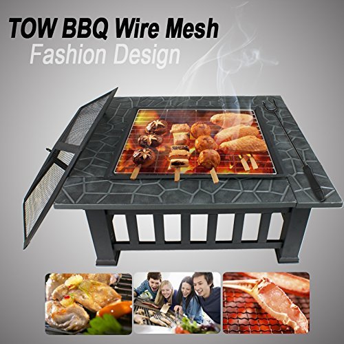 SUGIFT  32" Outdoor Fire Pit Square Metal Firepit Backyard Patio Garden Stove Wood Burning Fire Pit W/Rain Cover, Black