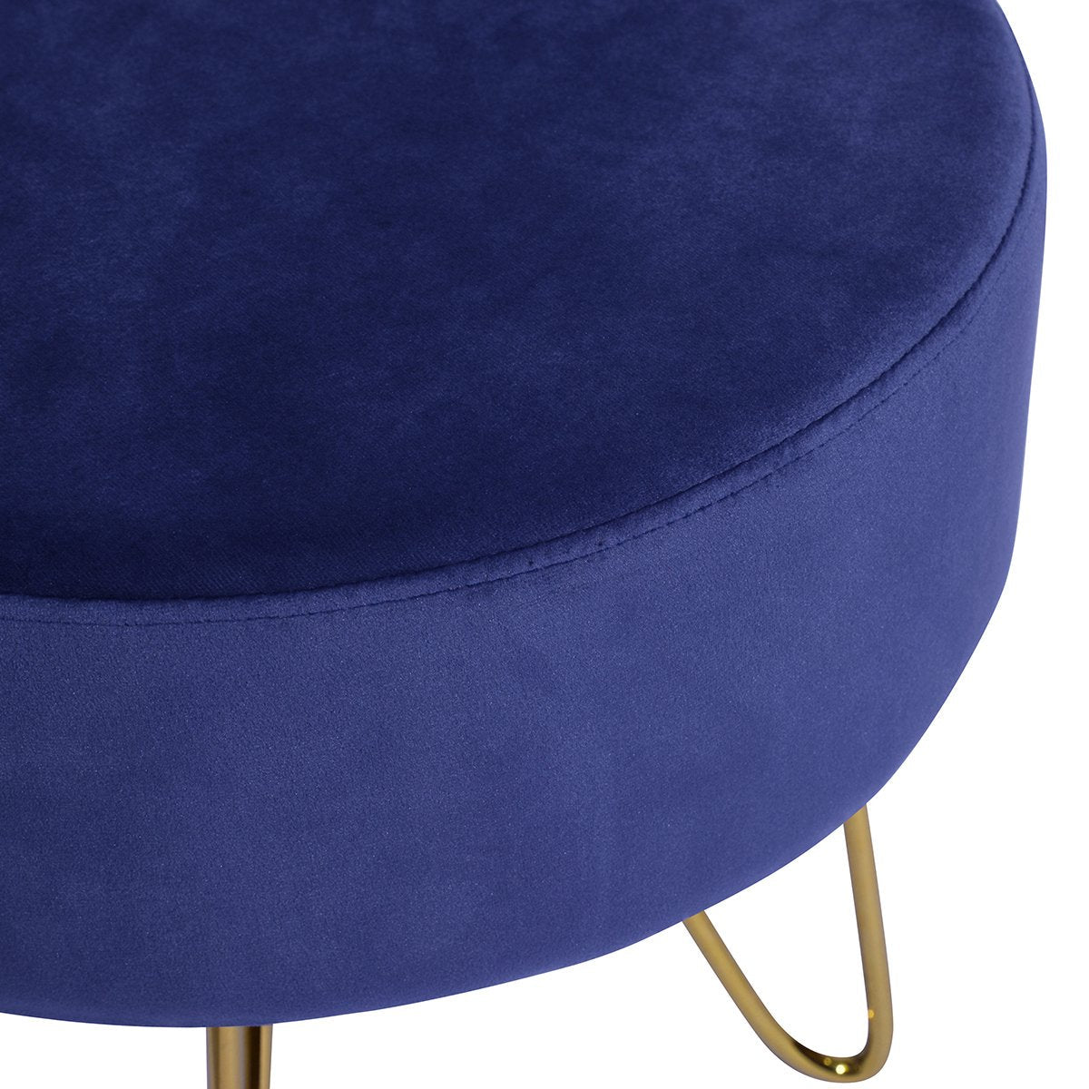 SUGIFT  17.7in Round Shaped Ottoman with Metal Legs Dark Blue and Gold