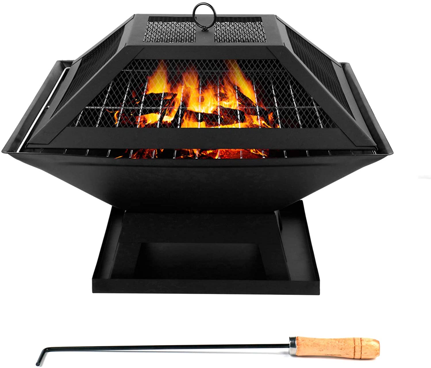 SUGIFT  Outdoor Fire Pit Wood Burning 18 Inch with Mesh Cover Spark Screen for Outside Heating Backyard Patio Camping Picnic Poker, (Square)