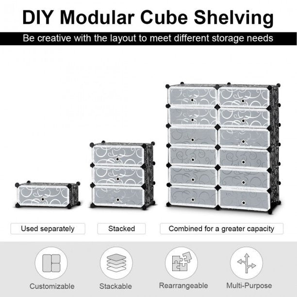 SUGIFT  Shoes Organizer Storage Shelf 12 Cubes DIY Portable Plastic Shoe Rack with Doors