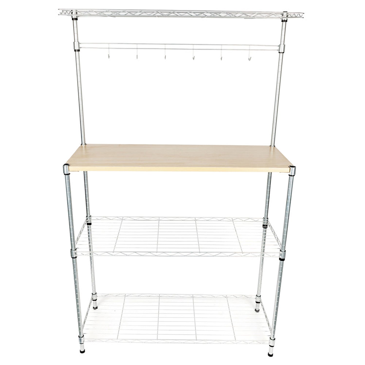 SUGIFT  Four-Tier Kitchen Baker Rack Microwave Oven Support with MDF Board and 6 Hooks, Silver