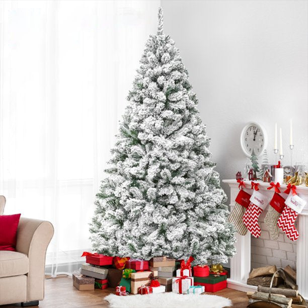 SUGIFT 6ft Premium Holiday Christmas Pine Tree w/ Snow Flocked Branches, Foldable Metal Base